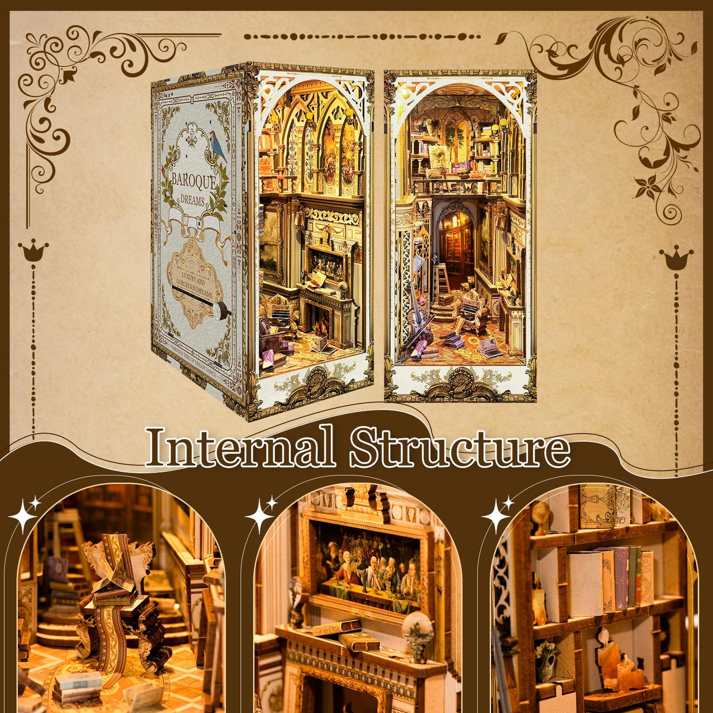 DIY Book Nook Kit - Bookend Diorama with LED - 3D Wooden Puzzle DIY Miniature House Kits - Bookshelf Insert Decor - Booknook Dollhouse Crafts Hobbies Gifts for Adults (Classical Library)