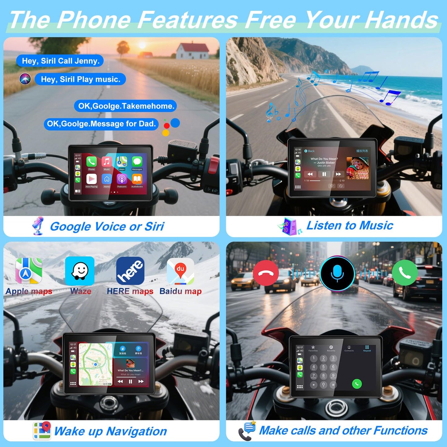 YCV 5" Wireless CarPlay for Motorcycle Touchscreen with Android Auto, HD Waterproof Screen Portable GPS Navigastion System, Support Bluetooth Call, Music Play, Siri, Google Assistant, Vioce Control