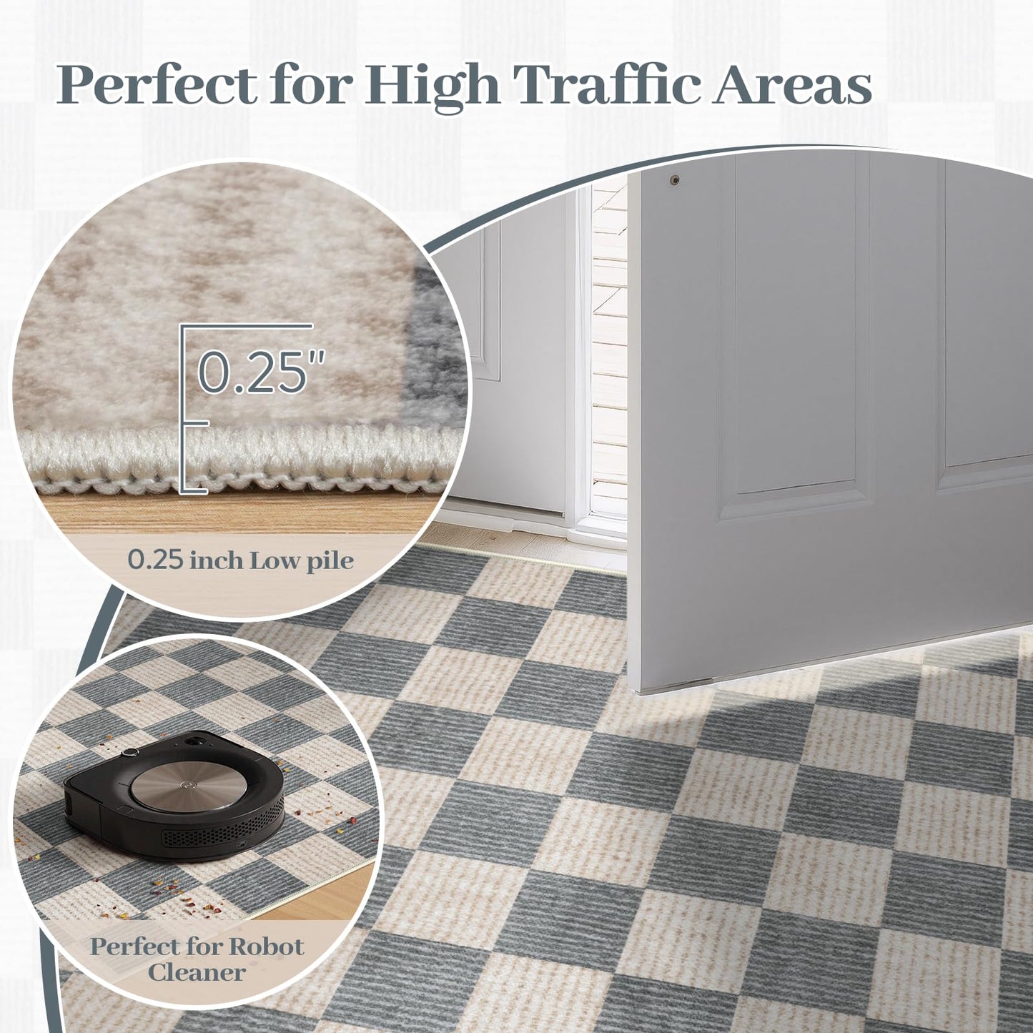 Machine Washable 5x7 Area Rugs for Living Room Checkered, Non Slip Soft Low Pile Geometric Modern Neutral Playroom Rugs for Bedroom Indoor, Large Carpet Rugs for Dining Room Kitchen(Grey, 5'x7')