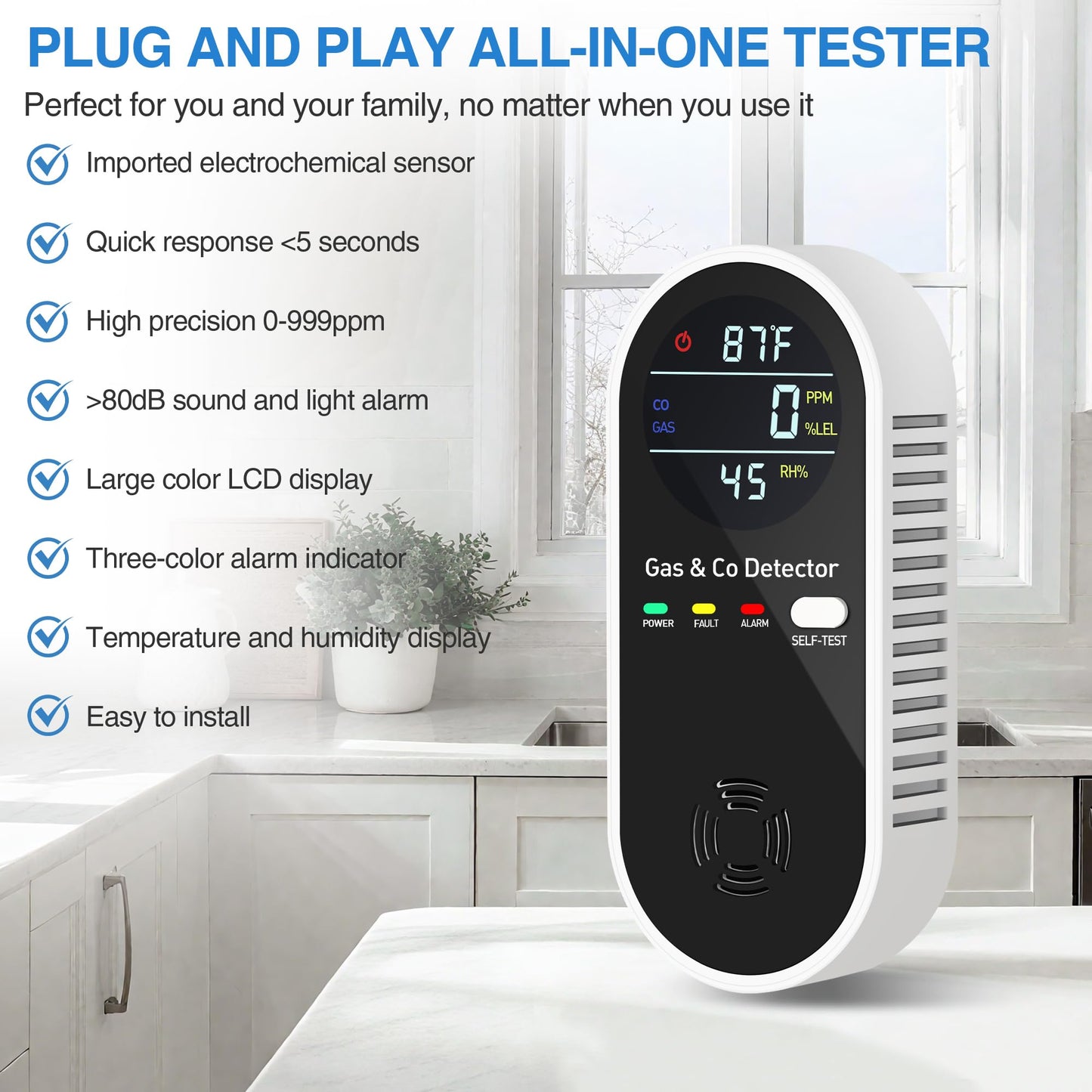 4-in-1 Portable Carbon Monoxide Detectors Plug-in – Natural Gas Leak Detector, Methane & CO Alarm with Dual Sensor, Temperature & Humidity Display for Home, RV, Travel, 3 Pack