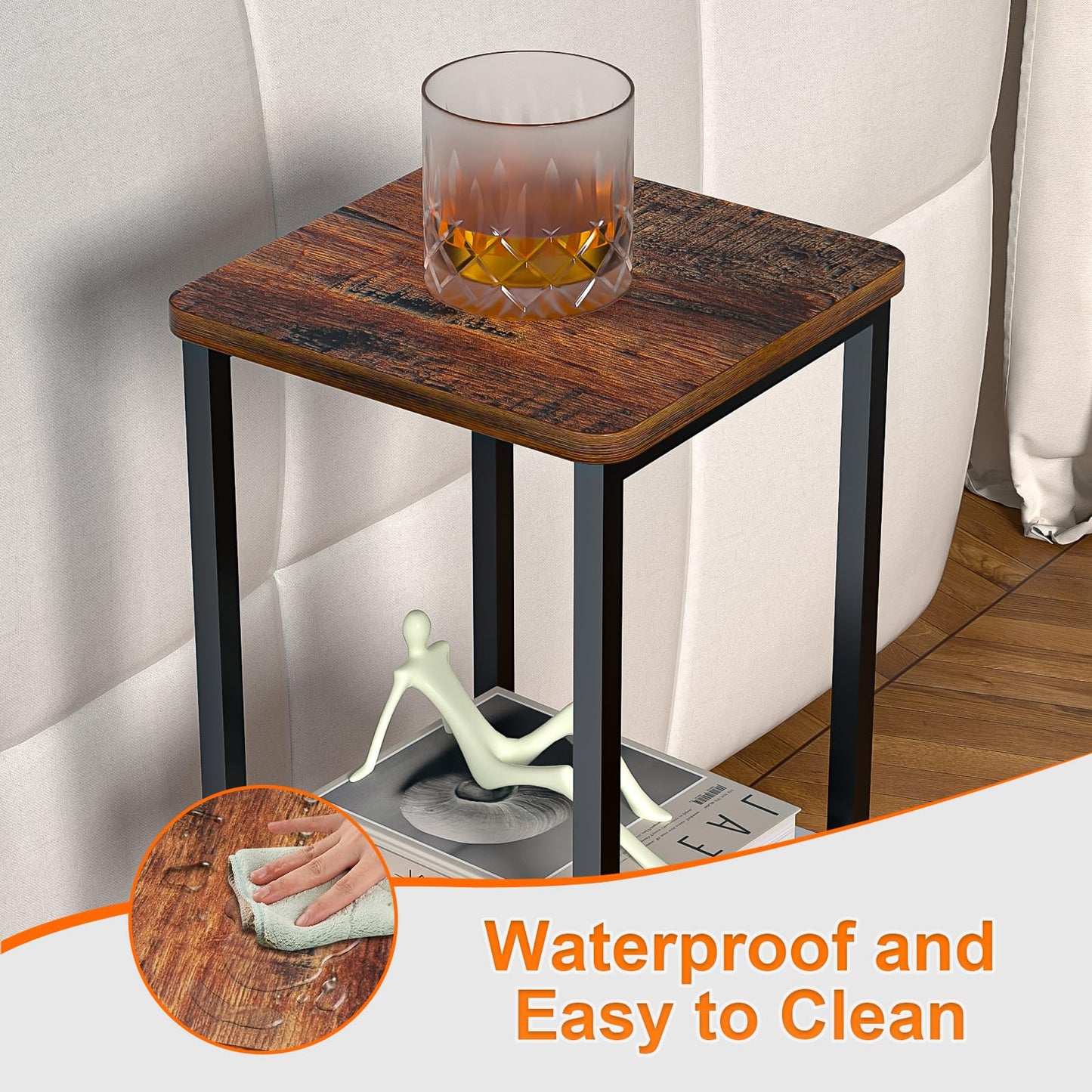GHIMIGN 10" Wide Square Drink Table with Adjustable Feet - 3-Tier Small Side Table for Apartments, Balcony & Office | Space-Saving, Lightweight & Multi-Functional (Plants, Books, Drinks, Brown)