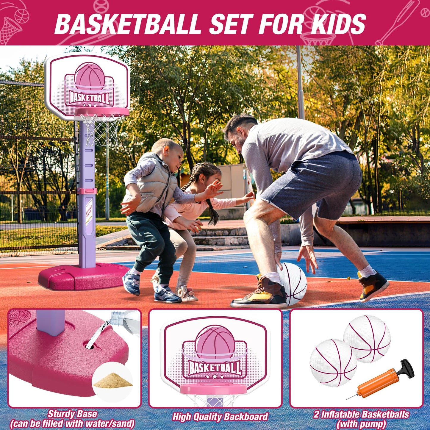 Wee Wonders 2 in 1 Toddler Basketball Hoop and T Ball Set with Automatic Pitching Machine - Adjustable Height, Kids Basketball Hoop Suit for Indoor/Outdoor, Sport Toys Gifts for Girls Age 3-8, Pink