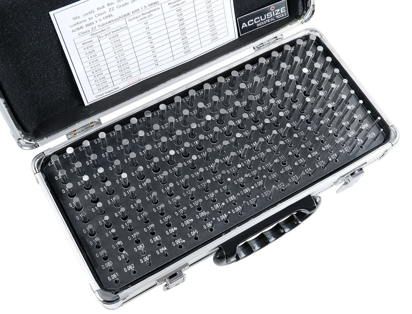 Accusize Industrial Tools - 190 Pc Precision Minus Class ZZ Pin Gauge Set, 0.061" to 0.250", 2" Length, Heat Treated, 60-62 RC, with Aluminum Case, M1(-) A