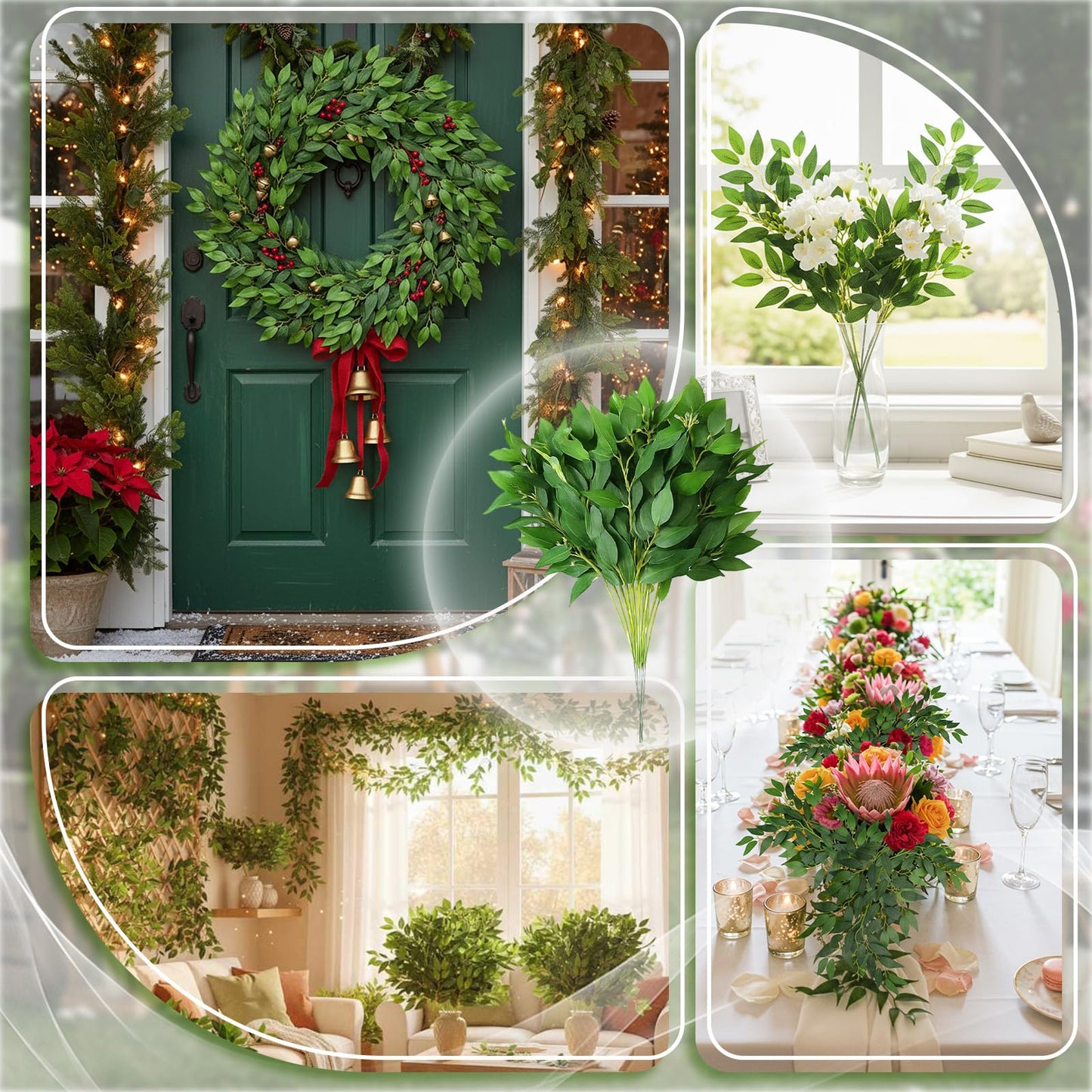 Suncalla 40 Pcs Italian Ruscus Greenery Stems Bulk 21.6'' Artificial Faux Silk Greenery Leaves Garland Branches for DIY Wedding Arch Bouquet Vase Filler Table Centerpieces Home Decor (Green)