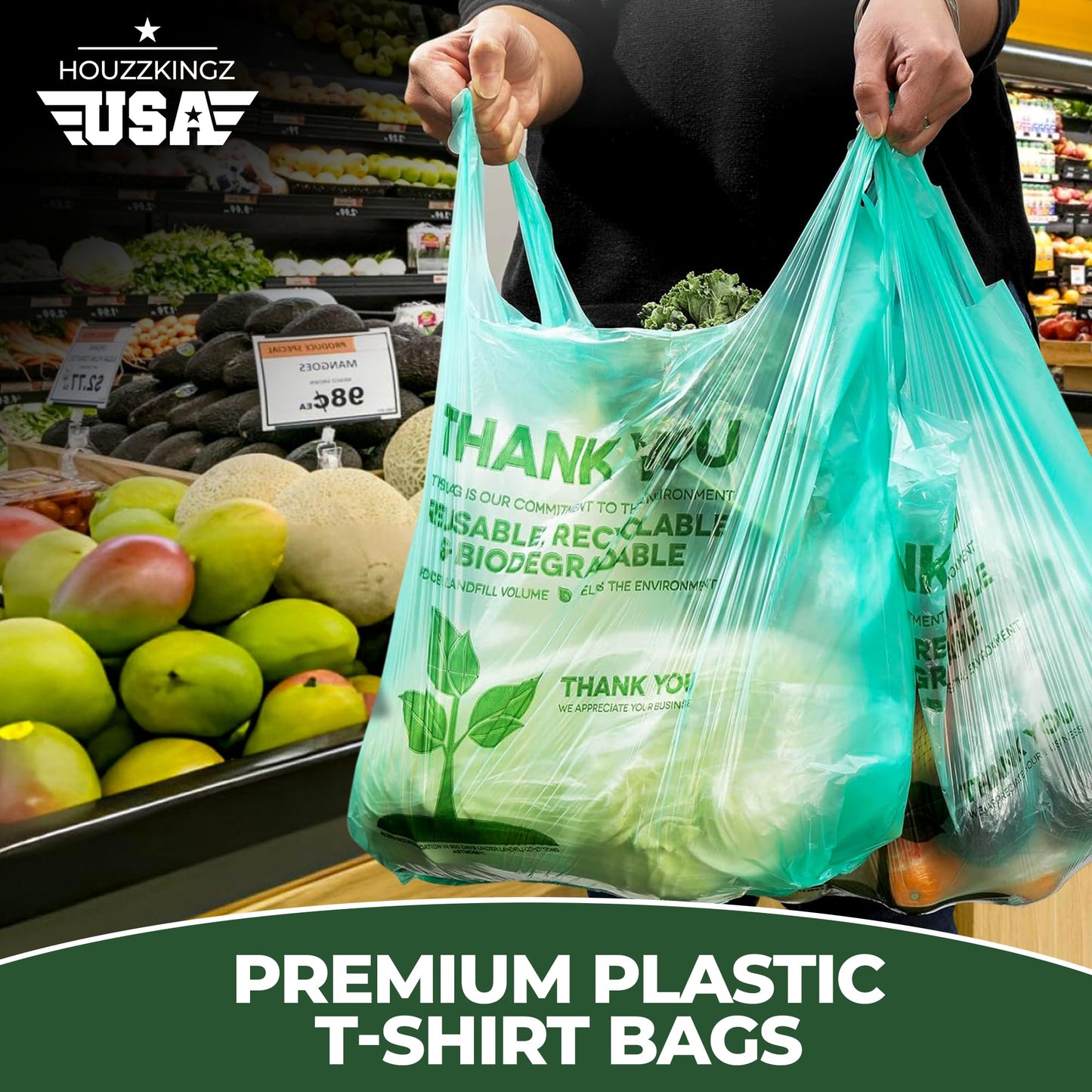 500 Biodegradable Compostable Thank You Plastic Bags - Grocery Shopping Bags with Handles [12" X 6.5" X 22"] Eco Friendly Green Plastic T Shirt Bags for Small Business Restaurant Supplies Retail Store