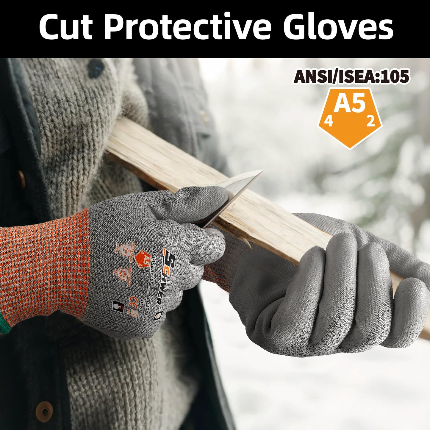 Schwer 12 Pairs Winter Work Gloves, ANSI A5 Cut Resistant Gloves with PU Coating, Freezer Glove for Outdoor Cold Weather, Thermal Insulated, Non Slip, Durable, L, CR3088-W