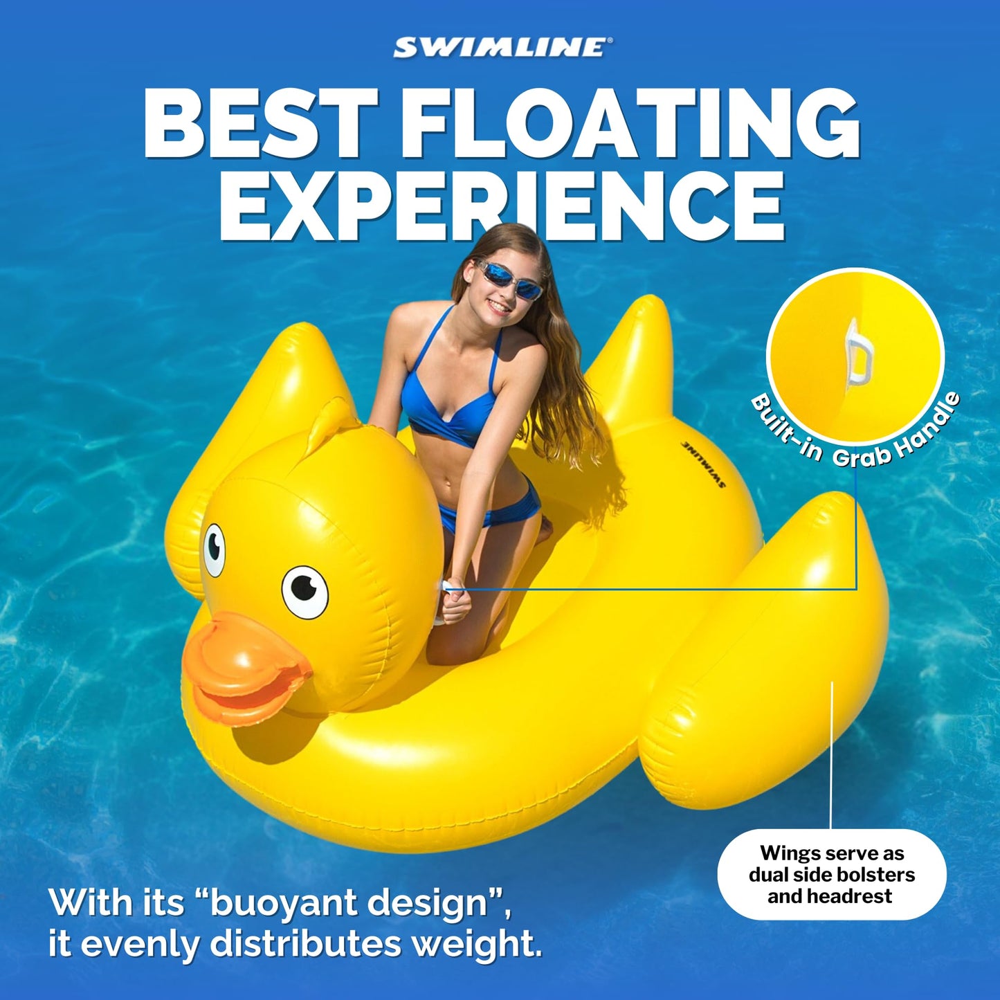SWIMLINE ORIGINAL 90620 Giant Inflatable Lucky Ducky Pool Float | Oversized Ride-On Float with Stable Legs & Wings | Lounge Floatie Perfect for Parties & Relaxation
