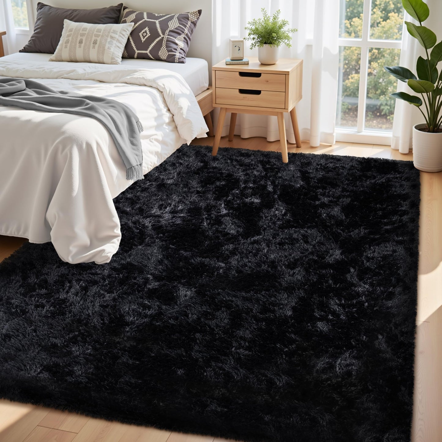 5x7 Area Rug for Living Room:Ultra Soft Fluffy Shag Black Rugs,Large Fuzzy Plush Indoor Non Slip Carpet Washable Rug for Bedroom Kids Nursery Office Dorm Modern Decor(Black 5'x7')