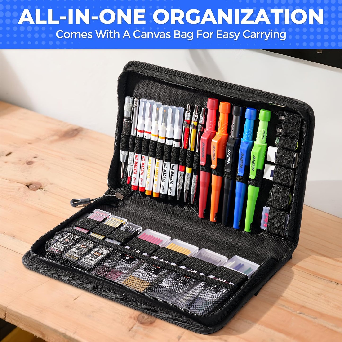 Nicpro 44 Pack CP3000 Carpenter Pencils with Sharpener, Mechanical Carpenter Pencil set with 169PCS Refills, Long Nib Marker Pens, Carbide Scribe Tool & Construction Pencils for Architect Woodworking