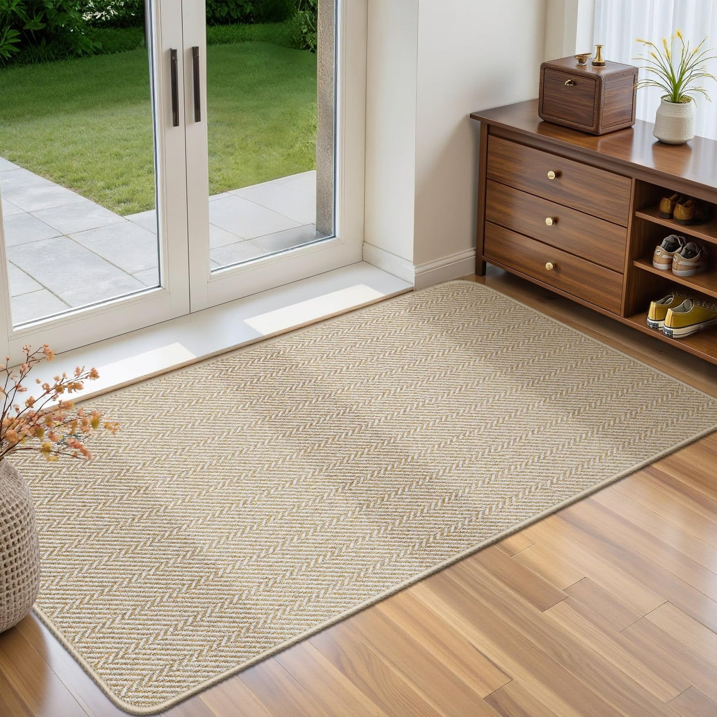 BEISIFLOOR Ultra Thin Door Mat Indoor Entrance 24"x47", Low-Profile Indoor Door Mat, Non Slip Entry Mat Rubber Backing Unique Herringbone Design Inside Doormat Dirt Trapper Entryway Mats, Beige