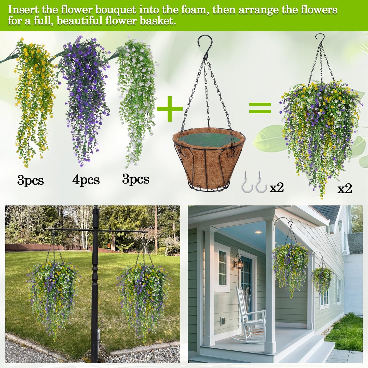 MHMJON 2 Set Artificial Flower Hanging Baskets for Outdoors, 20Pcs Fake Hanging Plants, Outdoor Faux Flowers UV Resistant for Spring Summer Porch Patio Garden Home Decoration (White+Purple+Yellow)