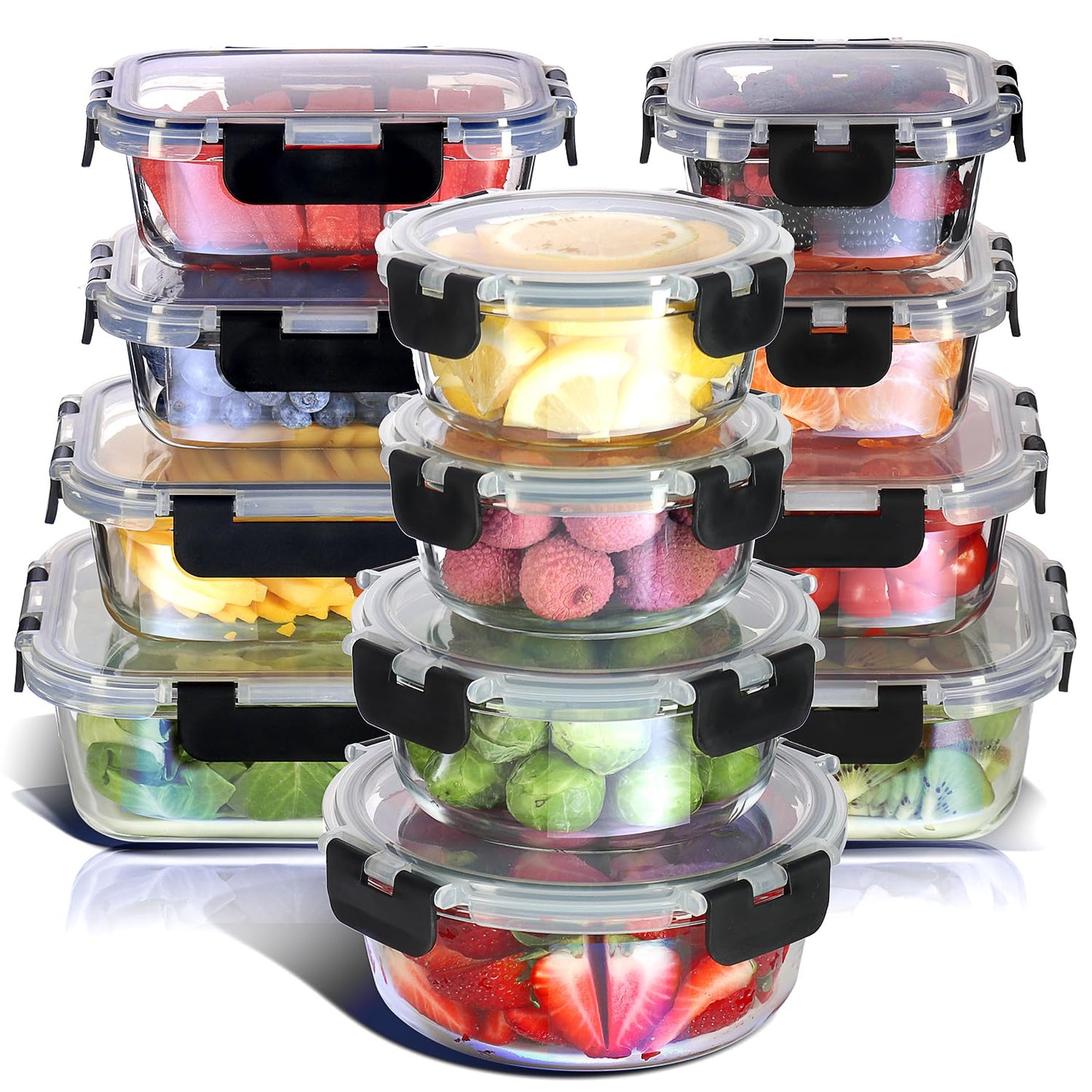 Nestl 24pc Glass Storage Containers with Lids, 12 Glass Food Storage Containers with 12 Airtight Lids for Pantry & Kitchen, Meal Prep Containers for Lunch, Oven Microwave & Dishwasher Safe, Black