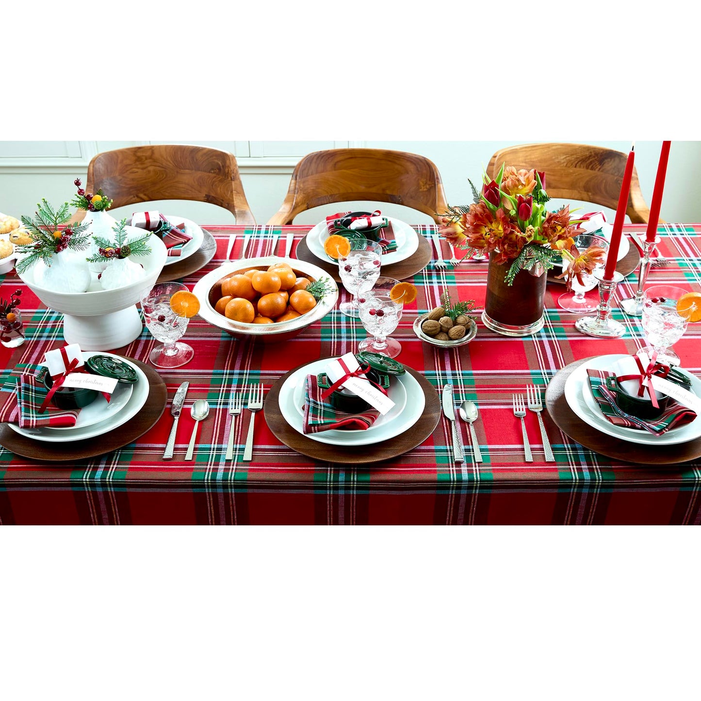 Solino Home Linen Christmas Square Tablecloth 52 x 52 Inch - 100% Pure Linen Red Madras Holiday Plaid Tablecloth - Handcrafted and Machine Washable Table Throw