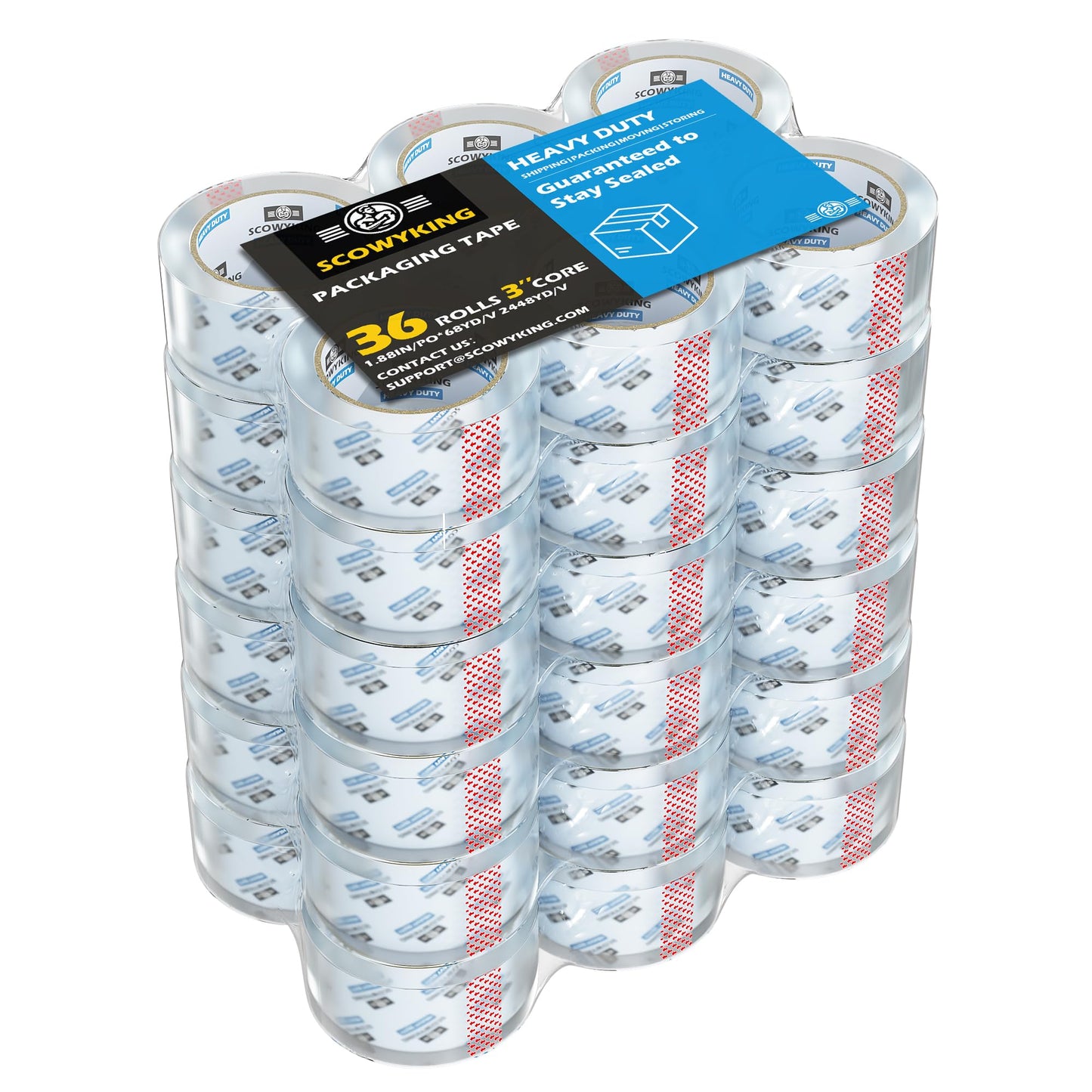 Scowyking Heavy Duty Packing Tape Refills 36 Pack, 2.7 Mil Clear Packaging Tape, 1.88" × 68 Yards, Compatible with Standard Tape Dispenser, No Residue Quiet Unwind for Moving Shipping Sealing Boxes