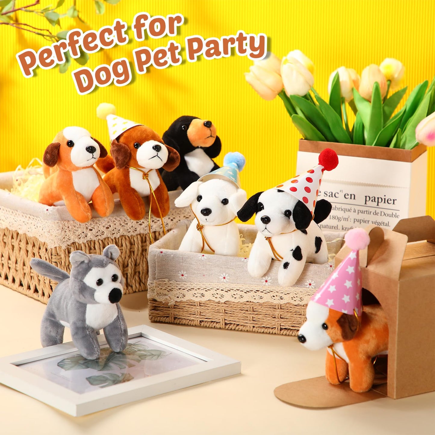 Simgoing 12 Set Mini Plush Toy Stuffed Animals Adopt a Dog Set with 12 Stuffed Dogs 12 Kraft Paper Boxes 12 Birthday Hats for Boys and Girls Animal Theme Birthday Party Favors(Brown)