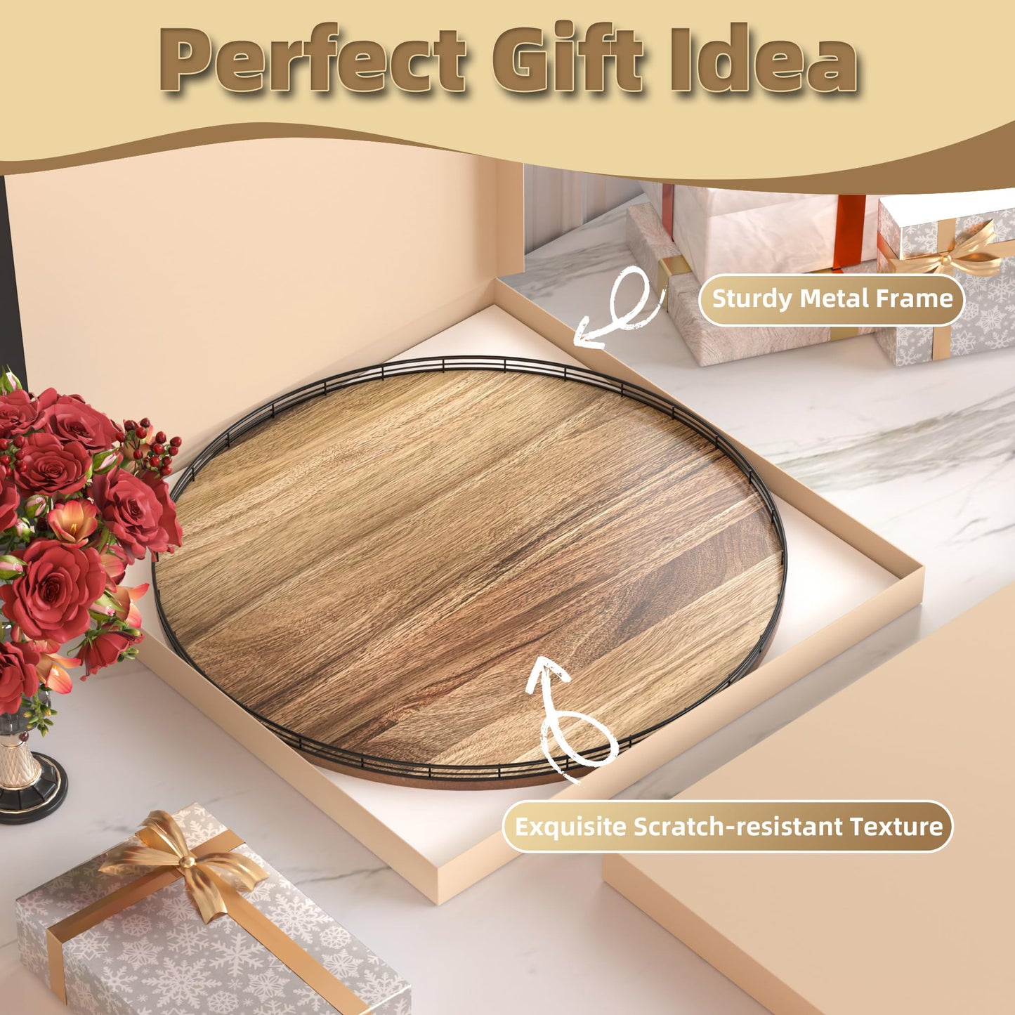 Acacia Wood 24" Lazy Susan Turntable Organizer for Table Top, Farmhouse Extra Large Round Lazy Susan for Serving Kitchen Countertop Cabinet for Charcuterie Centerpiece, Bathroom Vanity Tray Decor