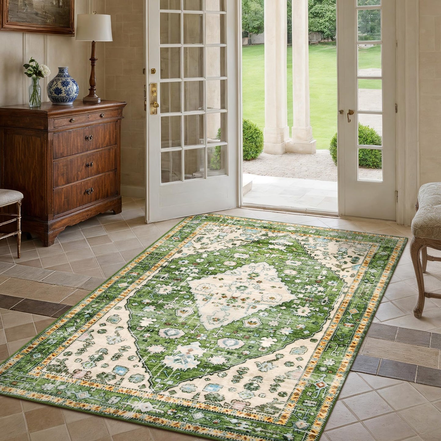 Lahome Boho Tribal Area Rug - 4x6 Green Machine Washable Bedroom Rugs for Living Room, Disstressed Soft Non Slip Indoor Nursery Floor Mat Carpet for Kitchen Table Home Office Camper RV Bar