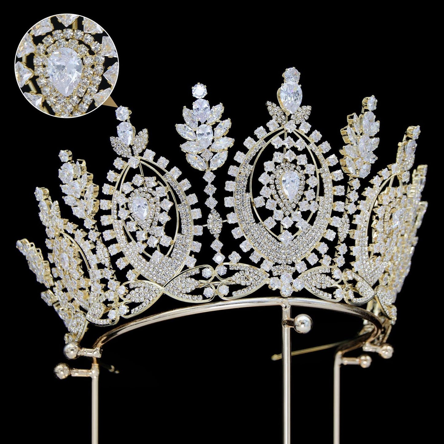 Big Crown for Women Cubic Zirconia Gold Bride Tiara for Wedding Prom Quince Pageant Sweet 16 Birthday Tiaras Tall Crystal Headband