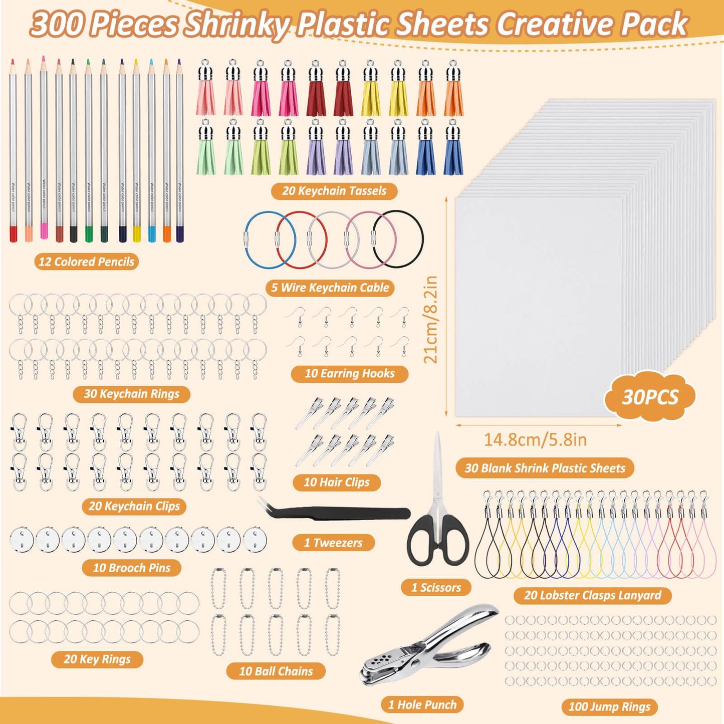 shynek 300 Pieces Shrinky Plastic Sheets Keychain kit, Including Shrinky Paper, Colored Pencils, Tassels, Keychains, Hair Clips, Hole Punch for Creative Crafts