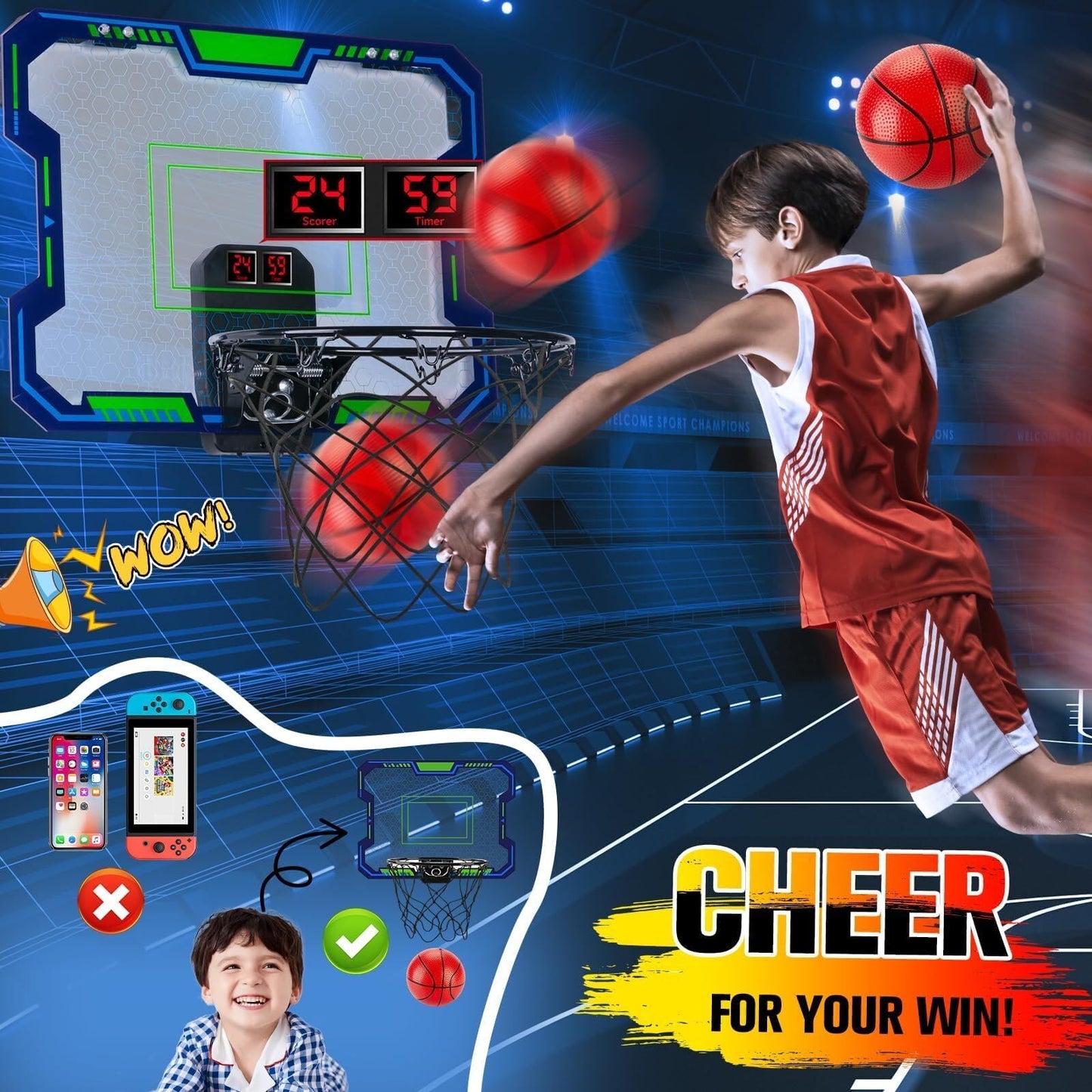 Vignuto Indoor Basketball Hoop for Kids (4-12 Years Old), Over The Door Mini Basketball Hoop with Scoring, Countdown and Music Functions