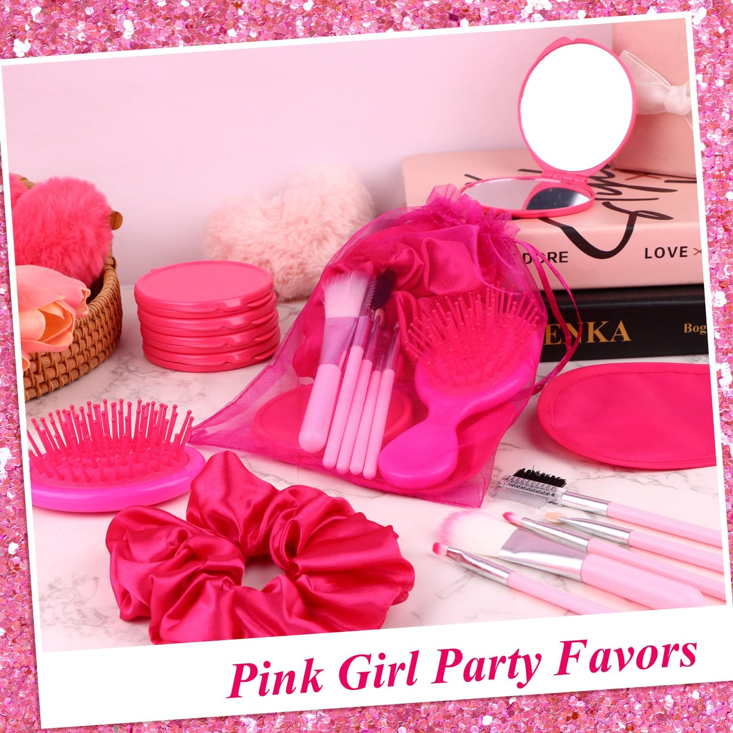 72 PCS Pink Girl Party Favors Kids Makeup Party Supplies Includes Pink Hair Brush Elastic Pink Scrunchies Foldable Cosmetic Mirror Makeup Brushes Eye Mask Organza Bags for Girls Women