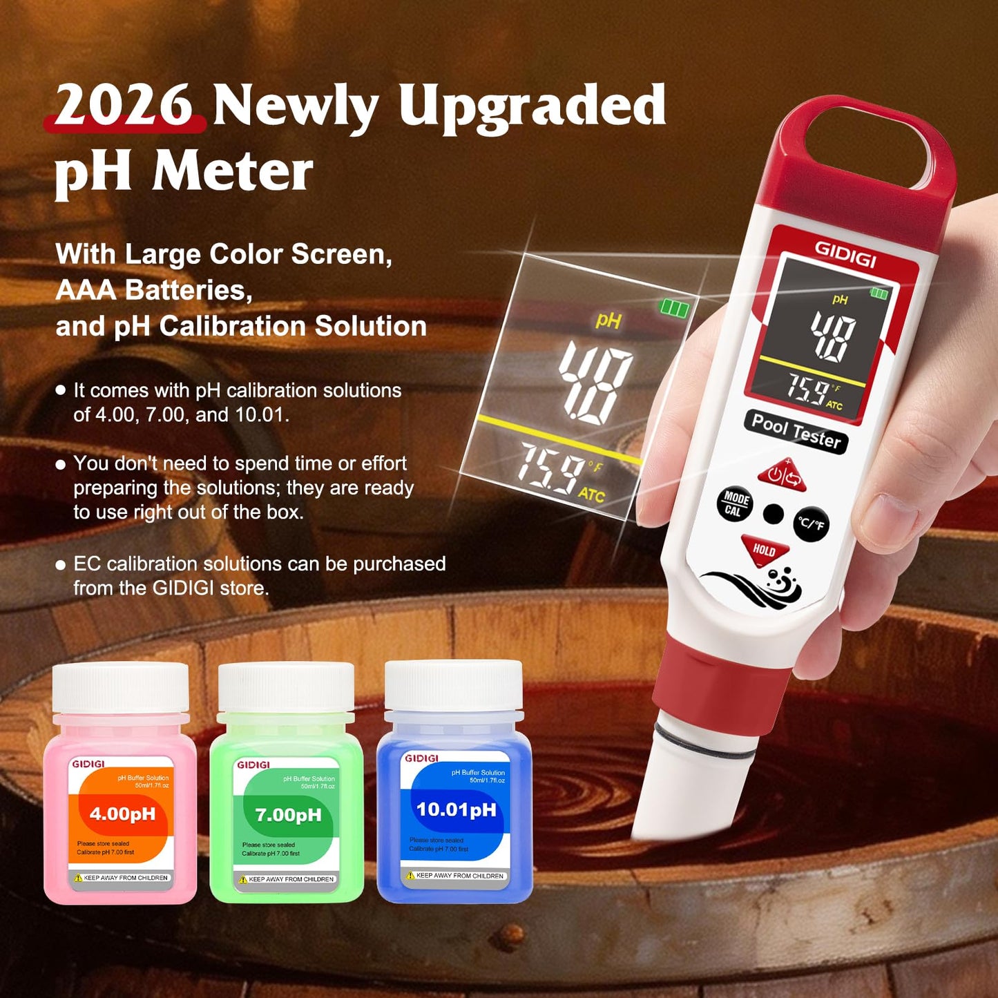GIDIGI pH Chlorine Meter Digital 7 in 1, Pool ORP Salinity Meter Test pH CL Salt ORP EC TDS Temp, for Pools Aquariums Hydroponics Drinking Water Hot Tubs, Water Test Kit, with Calibration Solution