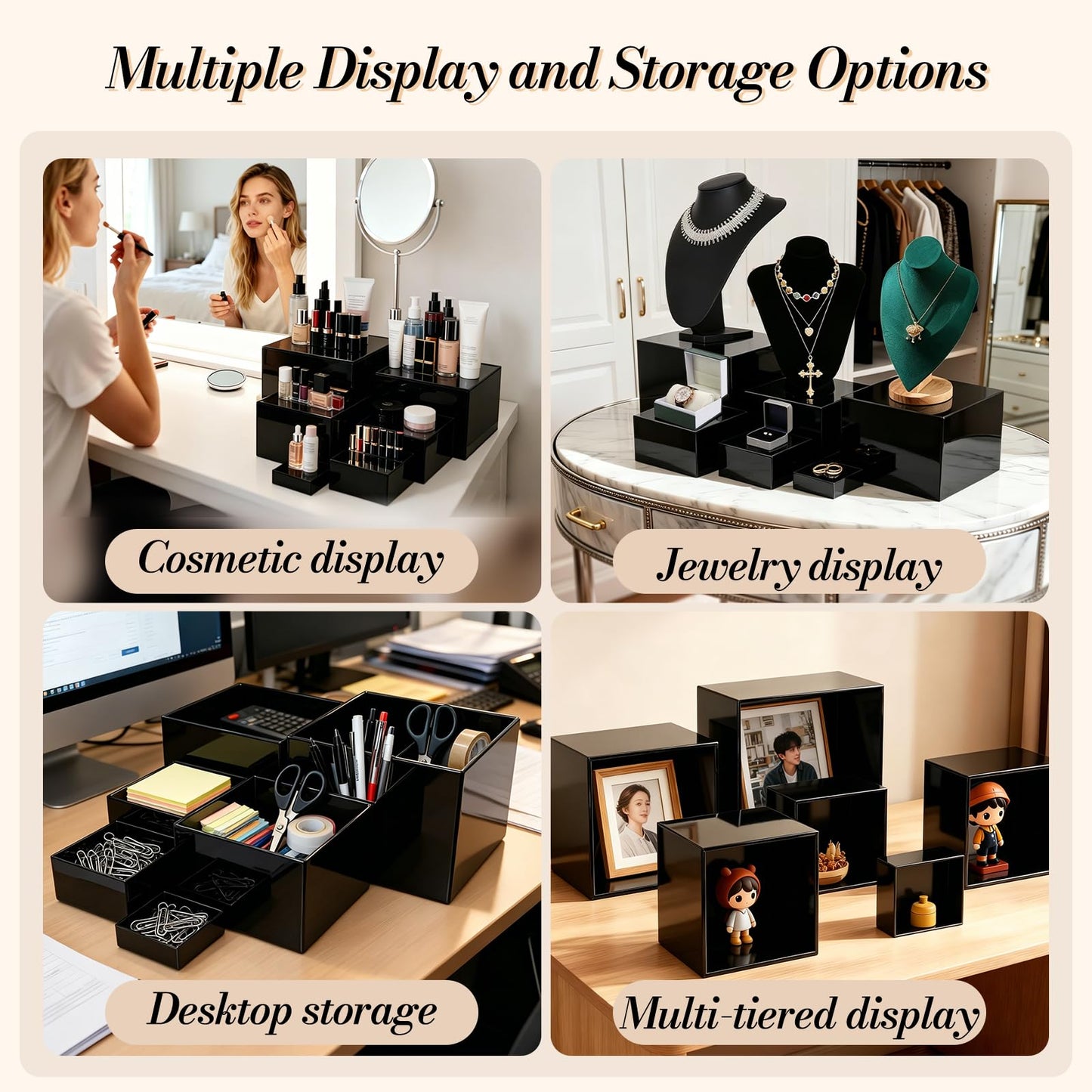 6 Pcs Buffet Risers with Mini Sign and Maker, Black Food Risers Display Stand for Buffet Table Party Catering Dessert Jewelry Collectibles, Nesting Cube Boxes with Hollow Bottoms (8",7",6",5",4",3")
