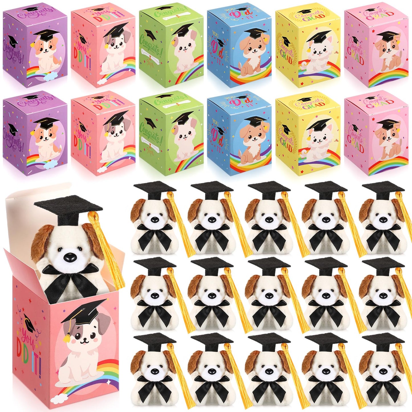 Trnayi 24 Set Mini Graduation Plush Dog with Graduation Gifts Box Graduation Stuffed Animal Keychain with Cap Gift Set for 2025 Graduation Party Graduation Decoration Classroom Exchange Gift