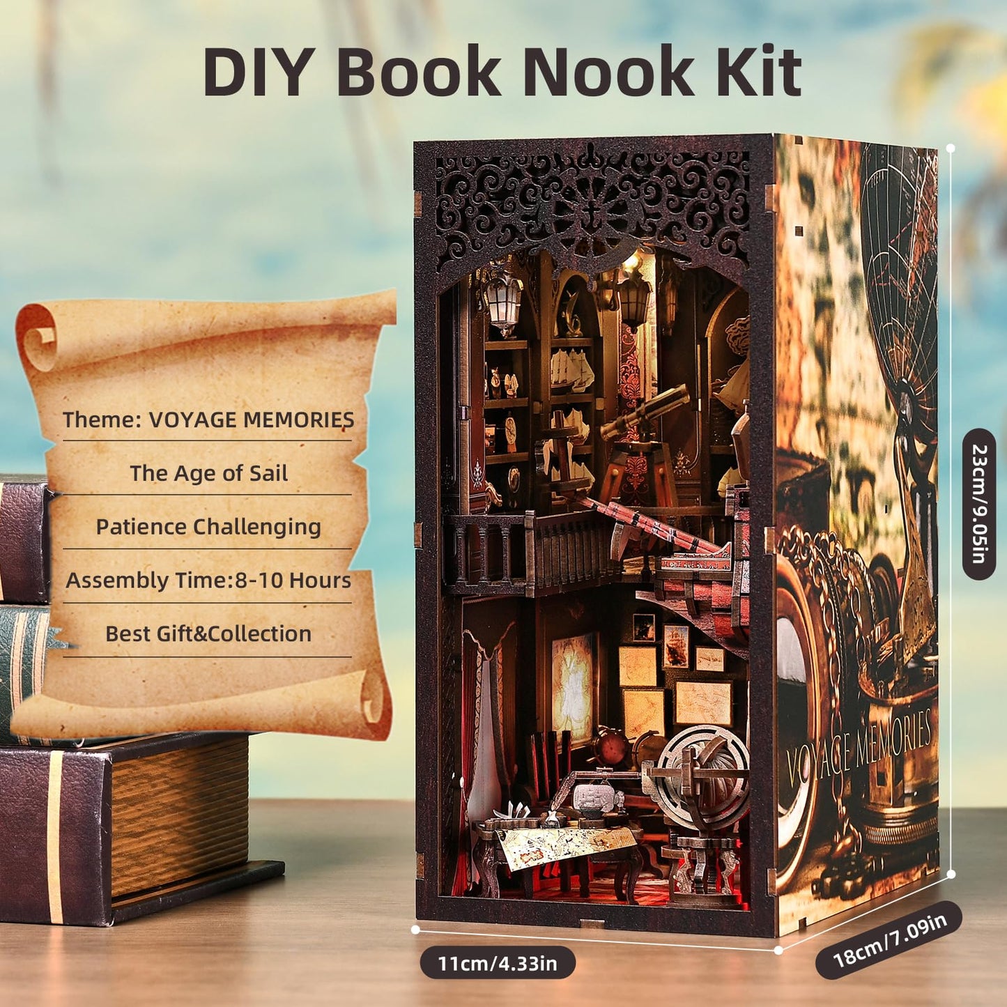 TOYQI Book Nook Kit, Book Nook Kits for Adults, DIY Miniature Dollhouse Kit 3D Wooden Puzzle Booknook Bookend with LED Light