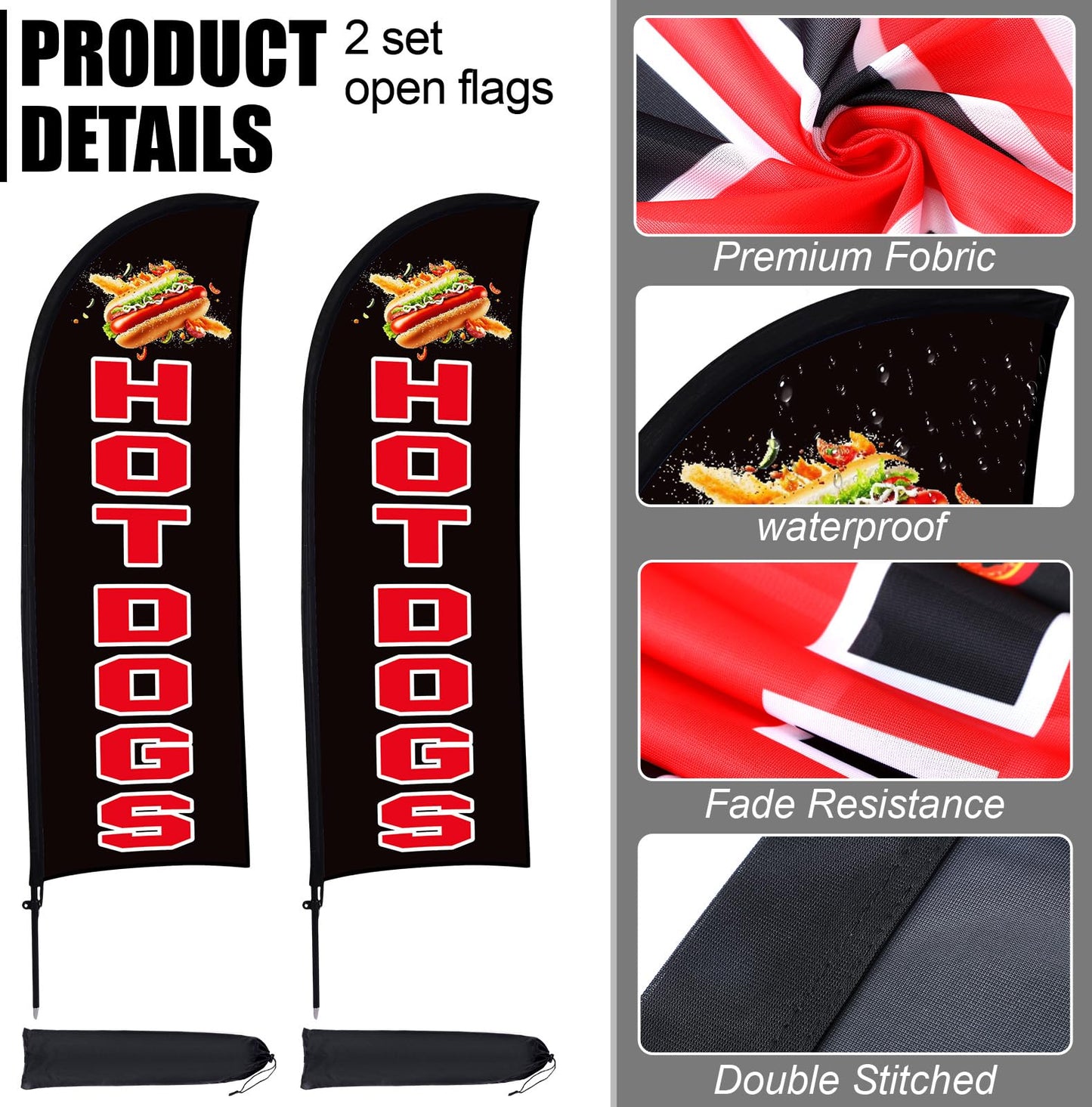 Buryeah 2 Sets Hot Dogs Feather Flag Kit 7 x 5.4 ft Hot Dogs Swooper Flag Pole Kit with Pole Ground Stake and Portable Bag Hot Dog Sign for Restaurant Advertising Business Outside Ground (Black)
