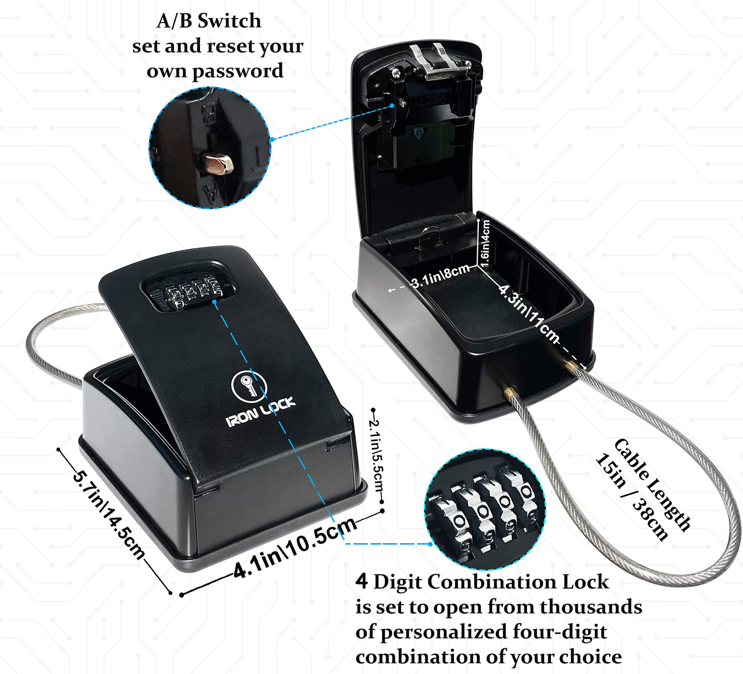 Iron Lock® XXL Key Lock Box Portable and Wall Mounted with Removable Cable Shackle Waterproof Indoor Outdoor 4 Digit Combo Resettable Code with A B Switch Extra Large Key Lockbox Outside Key Cabinets