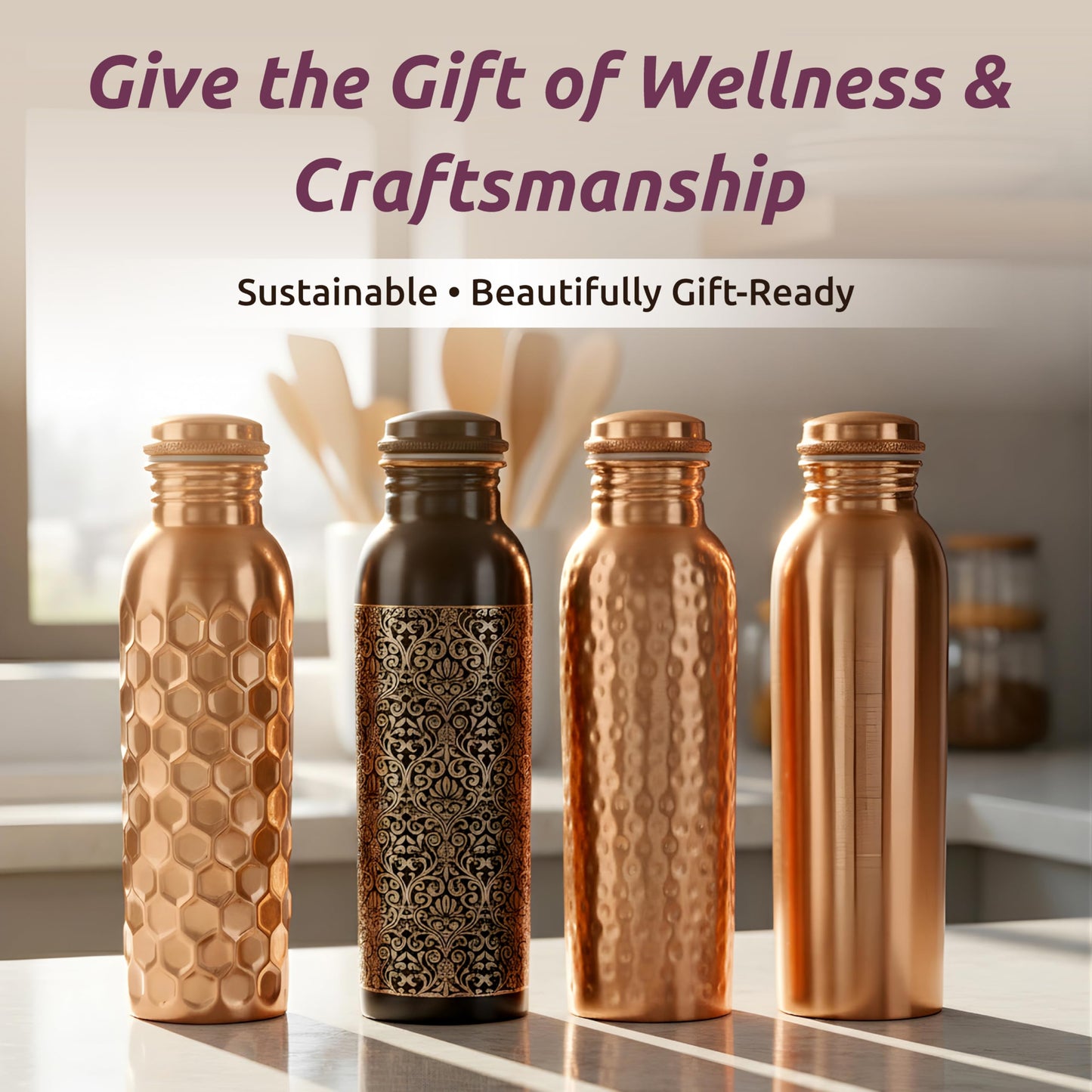 LIVINGNISH Premium Pure Copper Water Bottle for Drinking – Extra Large 34 Oz Wide Mouth, Hammered Ayurvedic Copper Water Bottle with Straw – Handcrafted Leak-Proof Vessel, Reusable & BPA-Free
