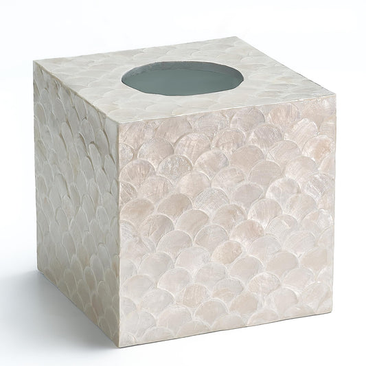 CHI AN HOME 5.5” Capiz Tissue Box Cover, Square Decorative Tissue Holder with Bottom Slider, Handmade Bathroom Accessories, Elegant White Cube for Vanity, Bedroom, Office & Coastal Décor (Natural)