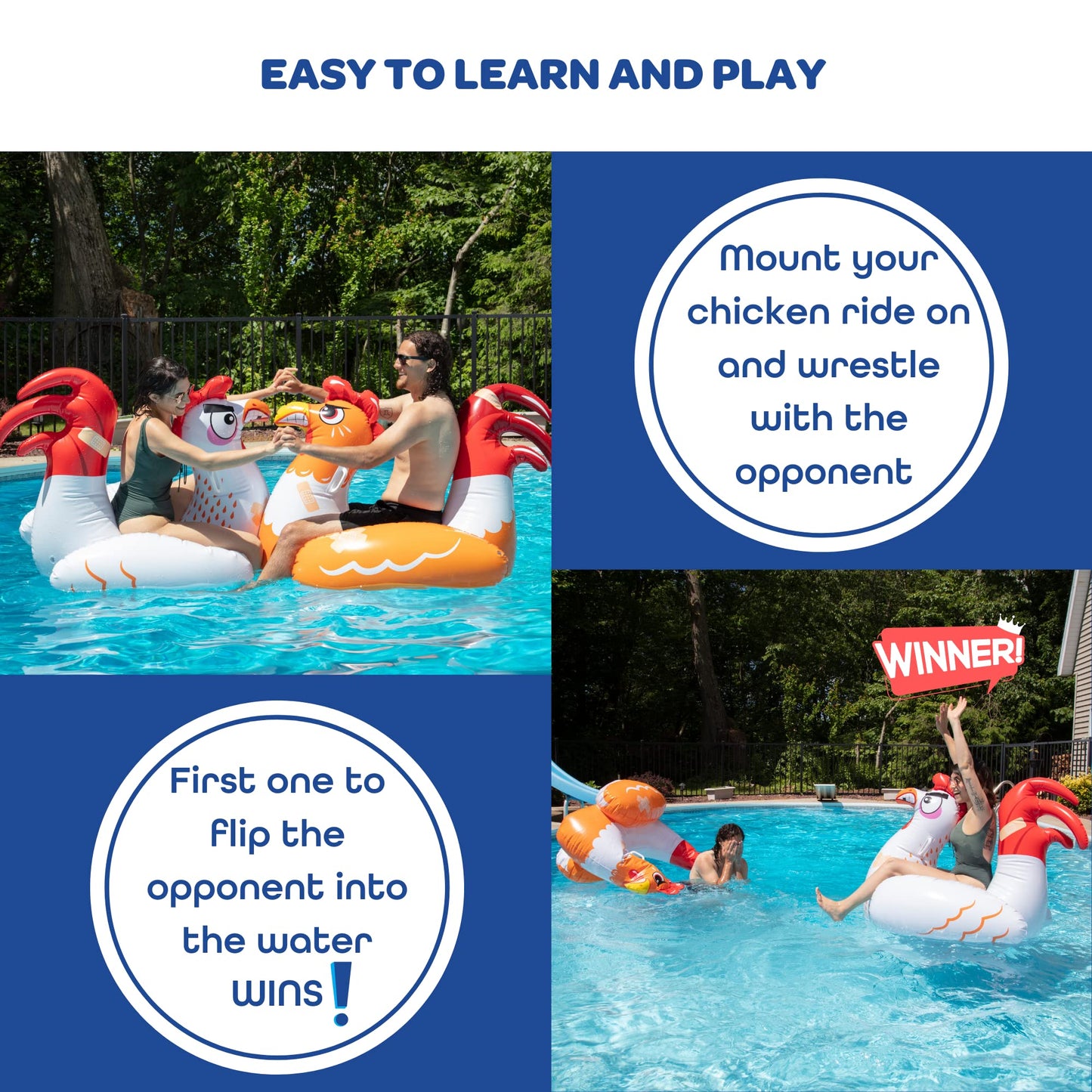 Chicken Fight Inflatable Pool Float Game Set - Includes 2 Giant Battle Ride-Ons - Flip Your Friends to Win! - Perfect for Outdoor Swimming Party Activity or Fun w/Kids, Family, Adults
