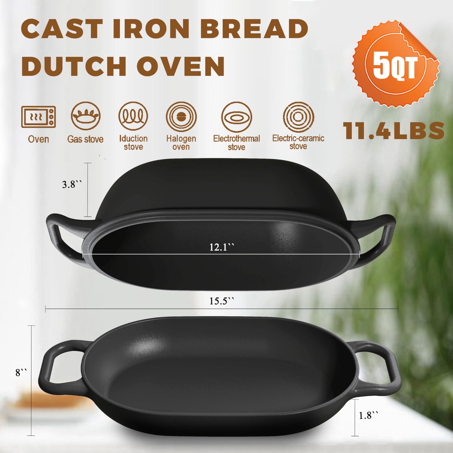 GdnWings Oval Dutch Oven for Bread Baking 12 x 8 Inch, Pre-Seasoned Cast Iron Bread Oven for Sourdough, Dutch Oven Bread Loaf Pan for a Crispy Crust, 5QT