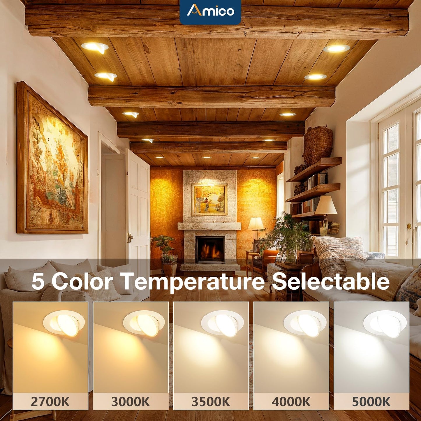 Amico 4 Pack 6 Inch 5CCT Gimbal LED Recessed Lighting, 360°&90° Adjustable Eyeball Directional Downlight, Dimmable, 2700K/3000K/3500K/4000K/5000K Selectable, CRI90+ 12W 1200LM, ETL&FCC