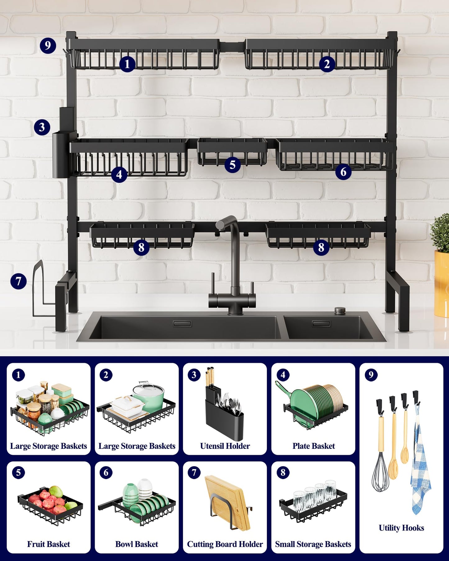 Kitsure Over The Sink Dish Drying Rack - 31.5" to 39.4" x 30.3", Adjustable Sink Drying Rack for Kitchen Sink with Multifunctional Baskets, Black