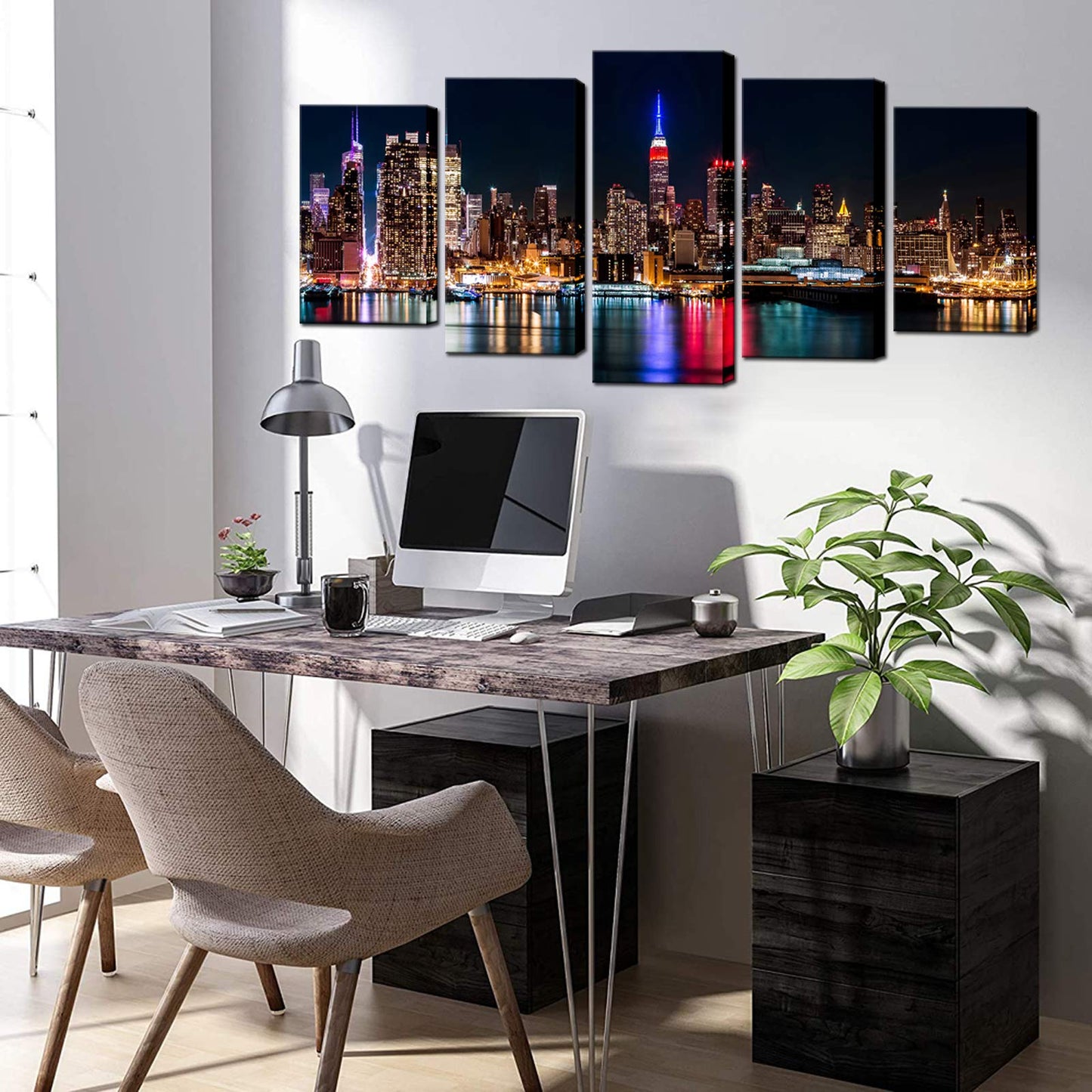 Biuteawal - New York City Canvas Wall Art Manhattan Skyline at Night Picture Prints Modern Home Office Wall Decoration Stretched Ready to Hang