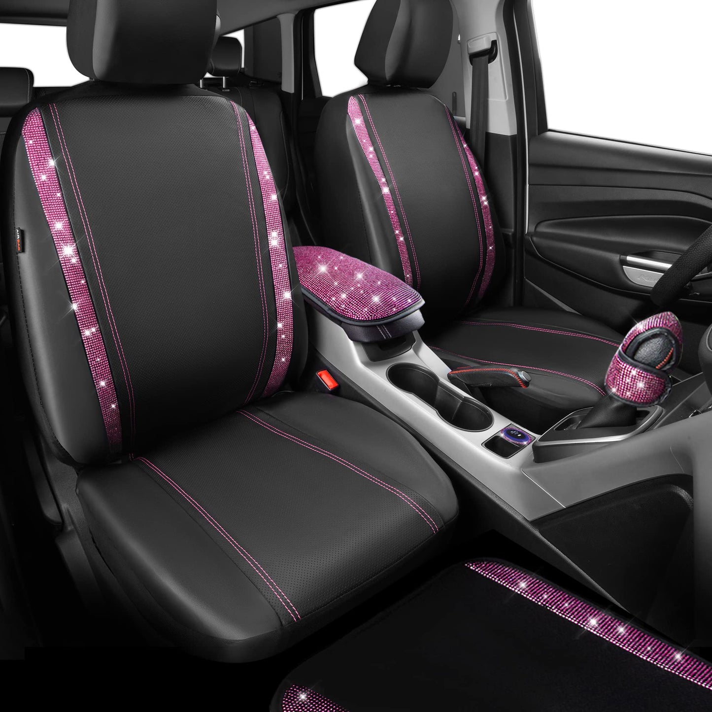 CAR PASS Bling Rhinestone Car Seat Covers Leather Shining Diamond Car Floor Mats Carpet with Anti-Slip Nibs Bling Diamonds Car Accessories Sets Pink Glitter Crystal Diamond Combo Set