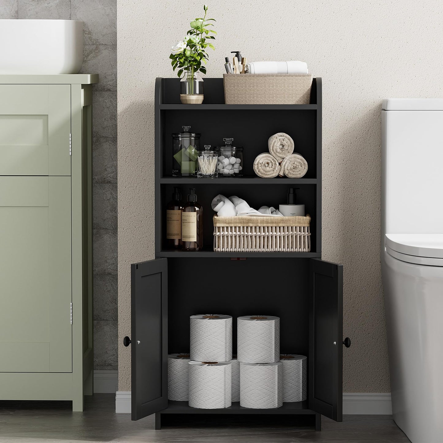 Homhedy Small Bathroom Storage Cabinet, Freestanding Toilet Paper Storage with 2 Doors and Shelves, Bathroom Organizers and Storage for Small Spaces, Laundry Room, 7.9" D x 14.6" W x 31" H, Black