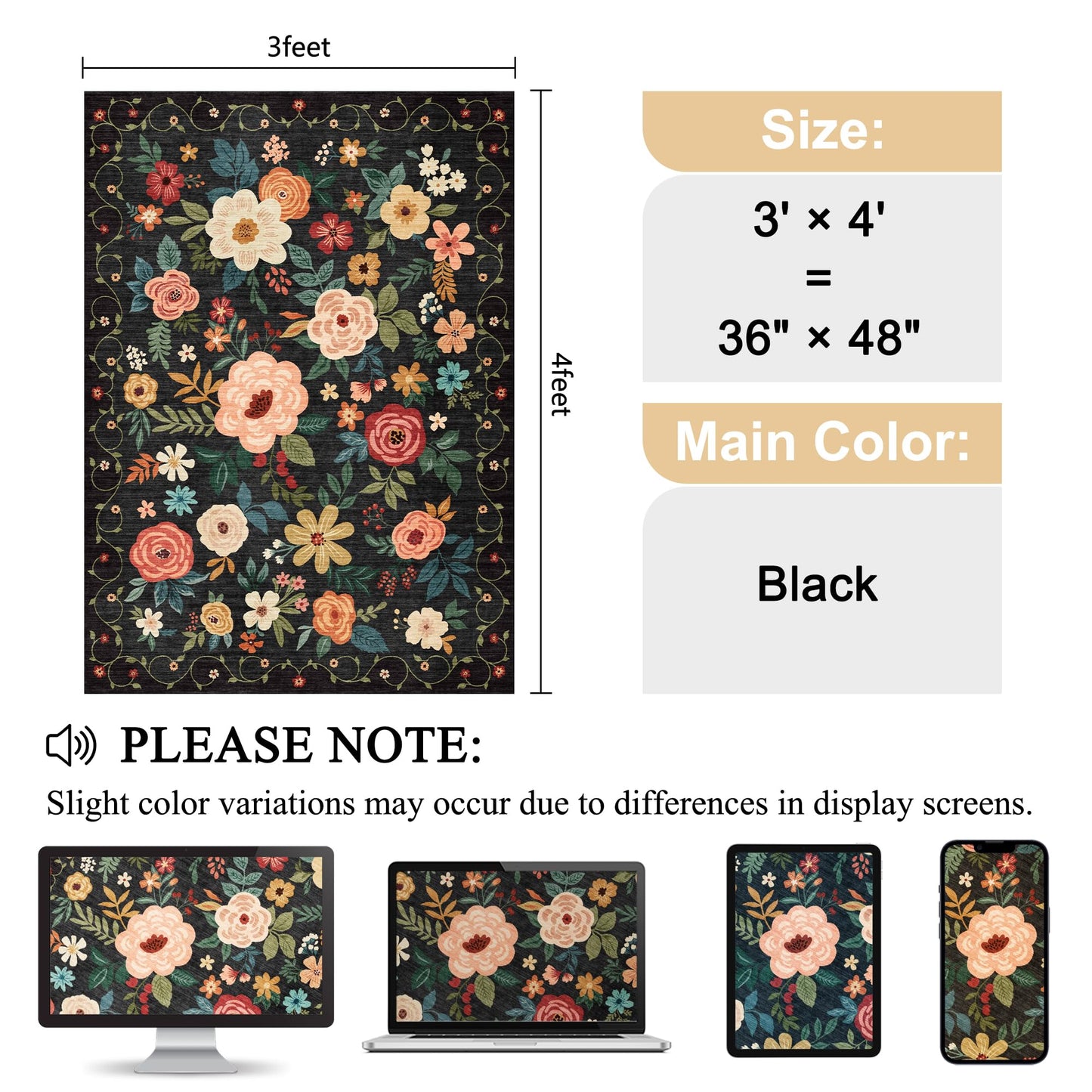 DUKINO 3x4 Area Rug, Lightweight Non Slip Washable Floral Rug, Indoor Low Pile & Non-Shedding Boho Design Carpets for Bedroom, Kitchen, Dining Room, Black