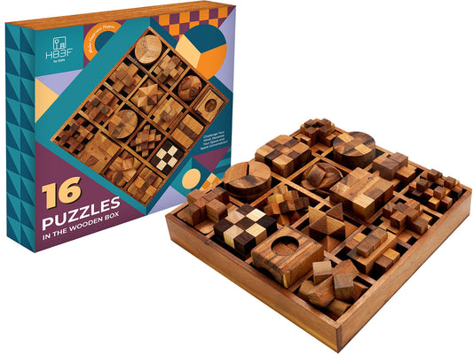 BSIRI 16 in 1 Wooden Brain Teaser Puzzles for Adults and Teens or Kids Interlocking 3D Mini Wood Mind Games Hand Puzzle Teasers Set Toys Coffee Table Games Gift