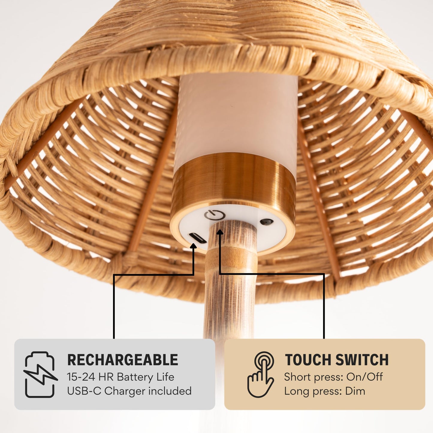 LUXELYKOS Bamboo Cordless LED Table Lamp – Rechargeable 24-Hour Battery, Dimmable Warm Light, 15" Portable Wireless Lamp with Remote for Indoor/Outdoor Use, Home, Patio, Restaurant – Natural Rattan