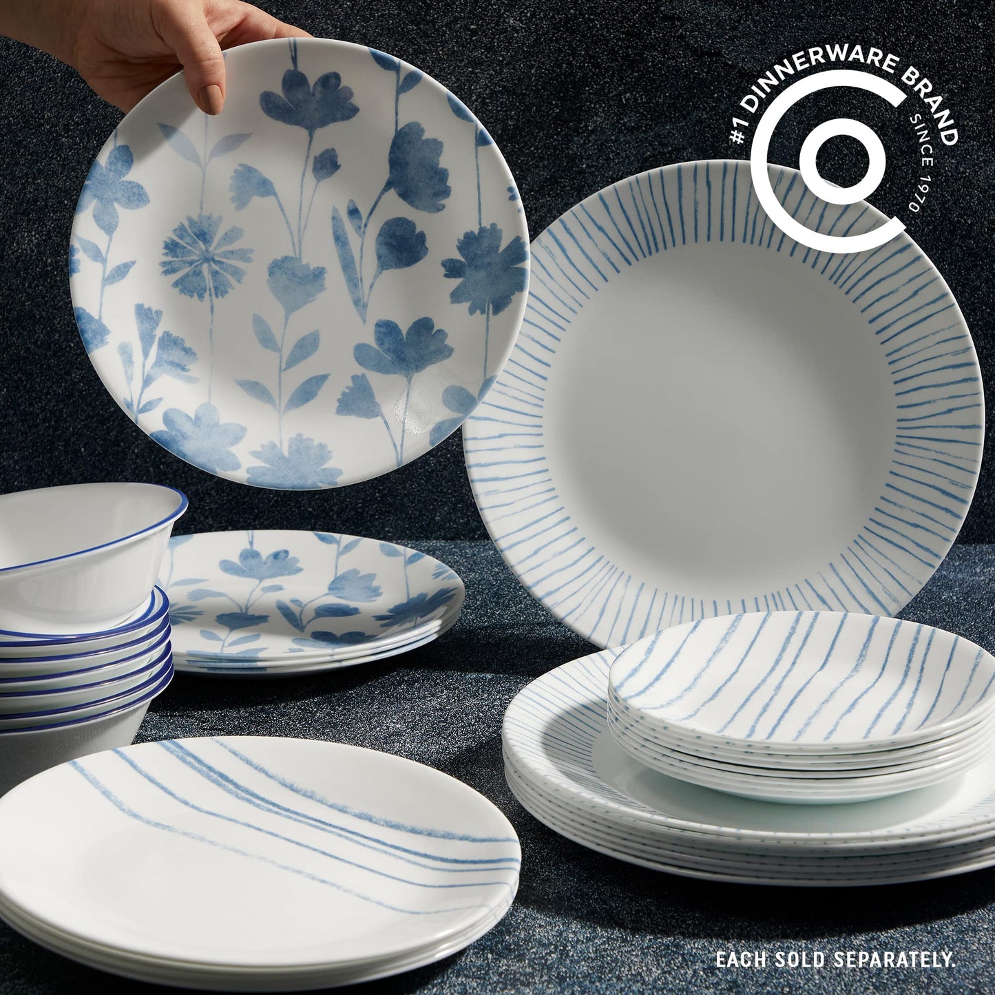 Corelle 6-Piece 8.5" Vitrelle Glass Lunch Plates Lightweight, Scratch Resistant - Botanical Stripes