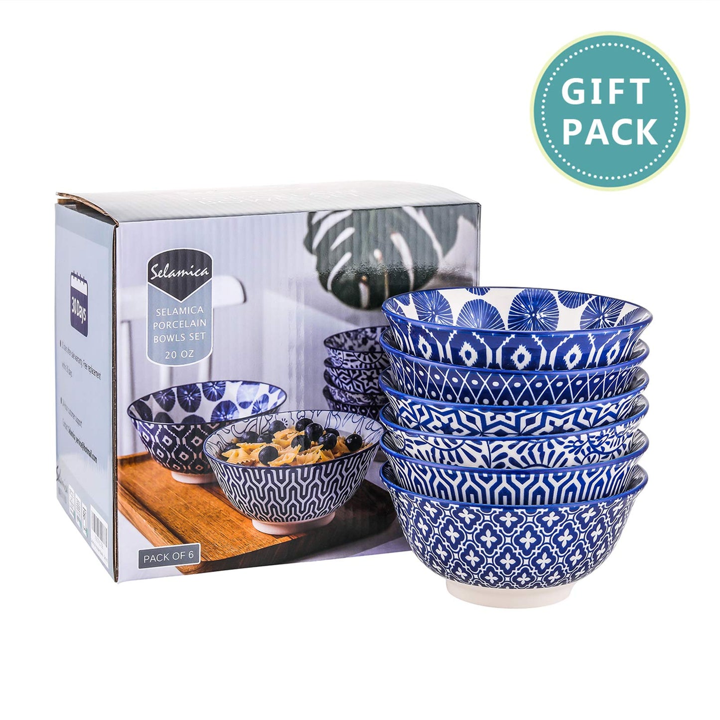 Selamica Blue and White Porcelain 20oz Cereal Bowl Set - Set of 6, 6 inch Soup Bowls, Ceramic bowls for Cereal, Soup, Salad and Pasta, Vintage Blue
