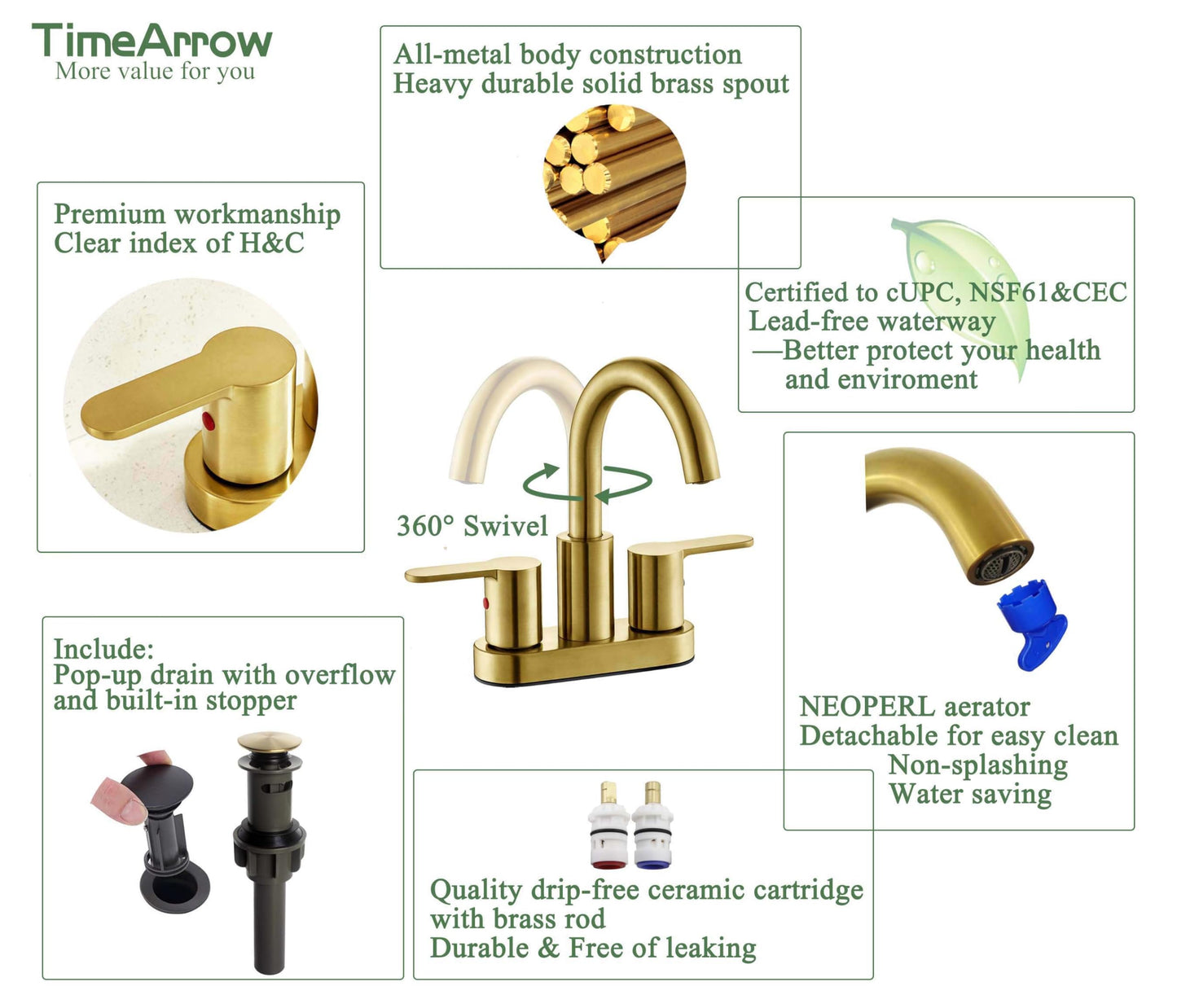 TimeArrow Brushed Gold 2 Handle Centerset Bathroom Sink Faucet with Drain Assembly, High Arc Modern 4 Inch Bathroom Vanity Lavatory Faucet 3 Holes with Brass 360° Swivel Spout, TAF067E-PB