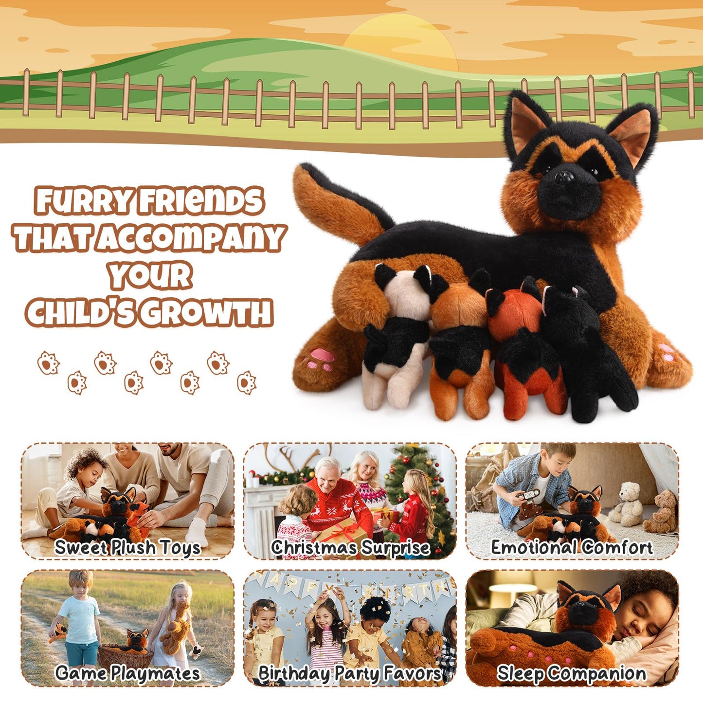 HyDren Nurturing German Shepherd Plush Toys Sets 15 Inch Soft Cuddly Nursing Mommy Dog Stuffed Animal with 4 Magnetic Stuffed Baby Puppies for Kids Birthday Holiday Party Favor Gifts Home Room Decors