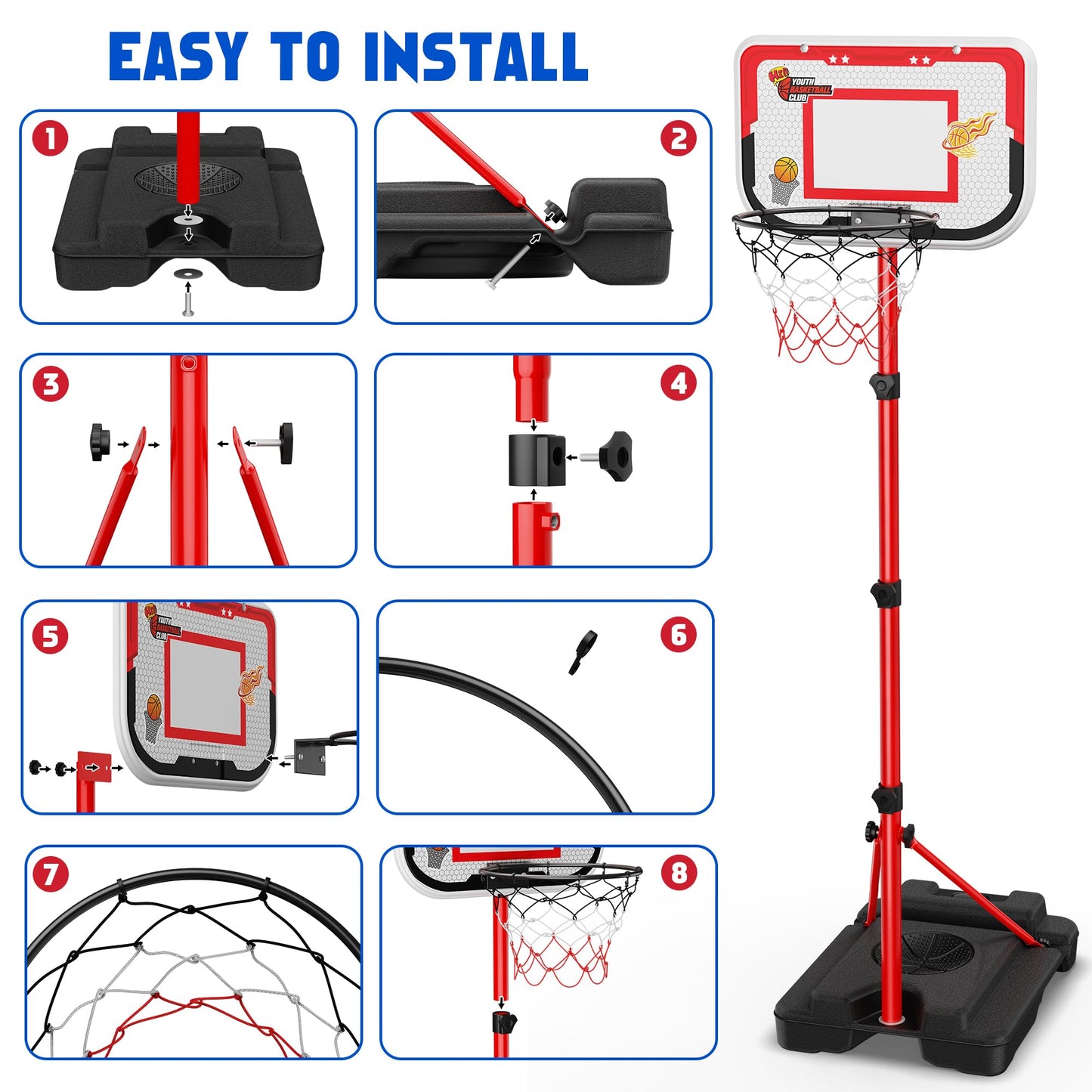 Kids Basketball Hoop Set 4 in 1 and T-Ball Adjustable T-Ball Stand with Automatic Throwing Machine Sports Toys Indoor Outdoor Gifts