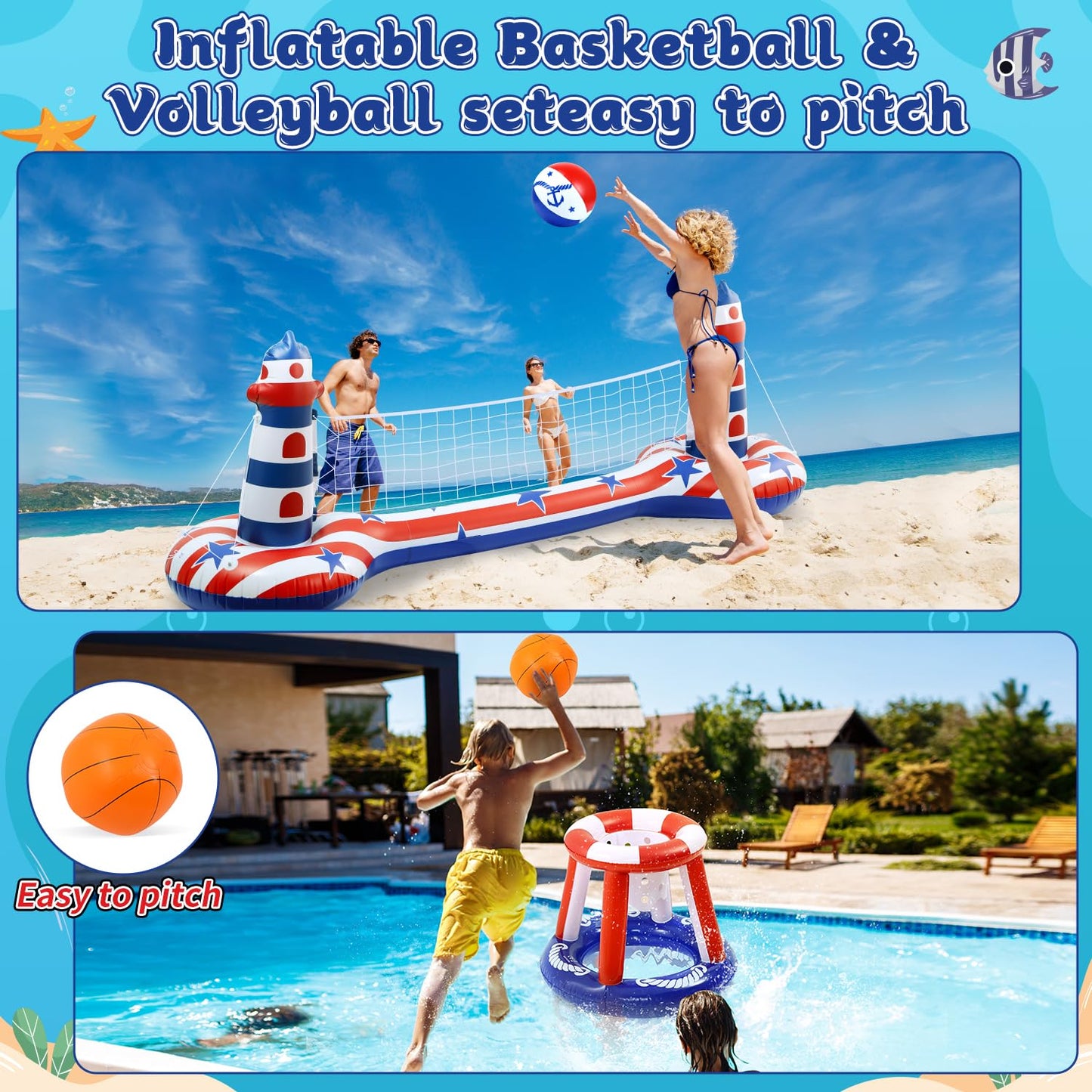EagleStone Swimming Pool Volleyball Net Set with Basketball Hoop,Inflatable Pool Floats Set American Flag Volleyball Net & Basketball Hoops