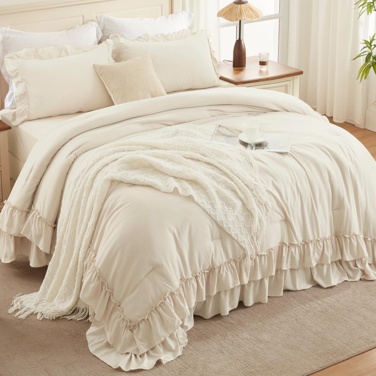 Andency Beige Comforter Set King Size, 3 Pieces Lightweight Fluffy Solid Ruffle Comforter Set, All Season Soft Microfiber Farmhouse Shabby Chic Bed Set(Beige, 104x90Inch)